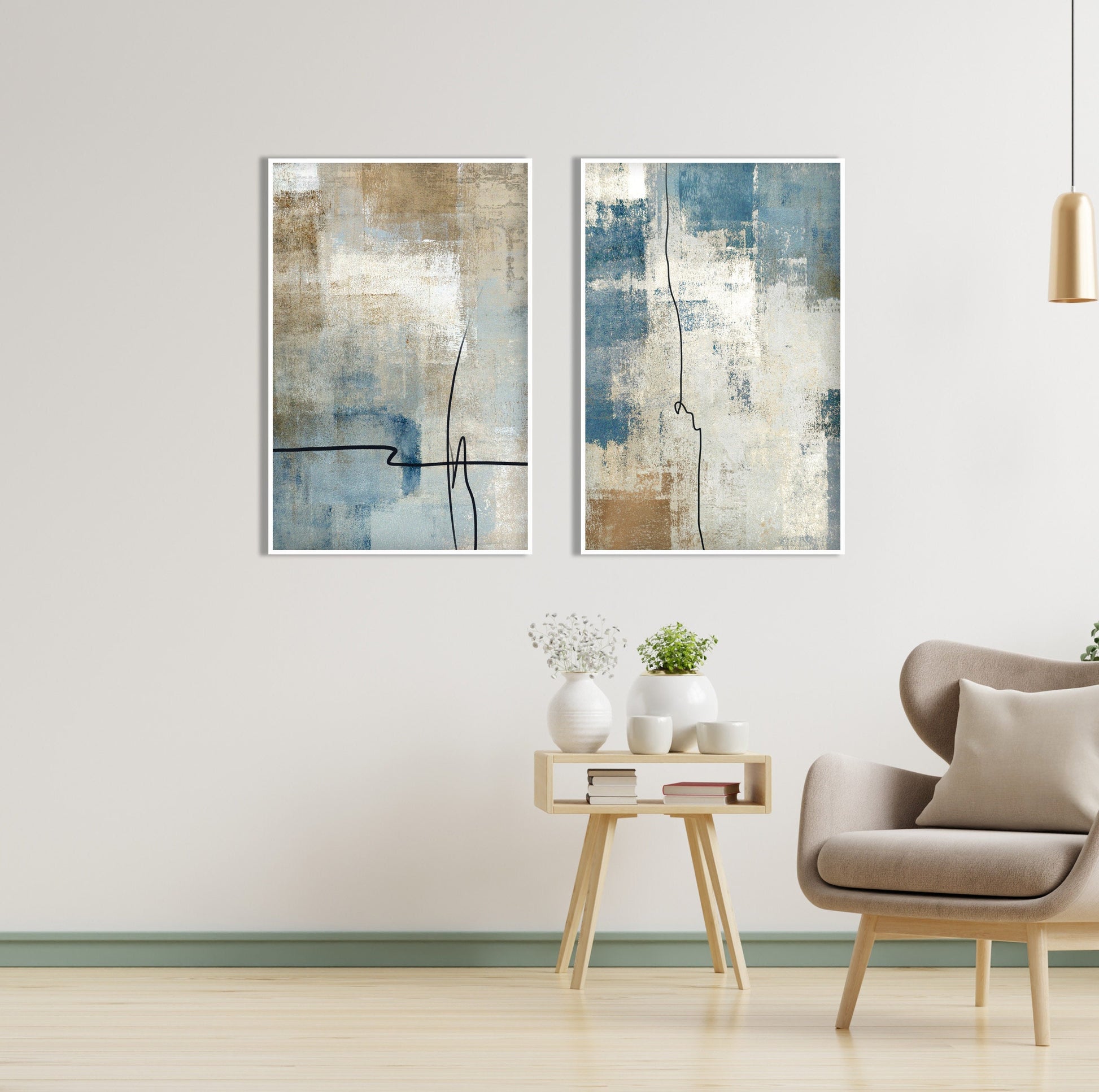 Blue beige brash stroke abstract print set of 2 minimalist wall art prints, Modern simple neutral extra large size two part wall art poster - Abstract wall art - Digital Prints