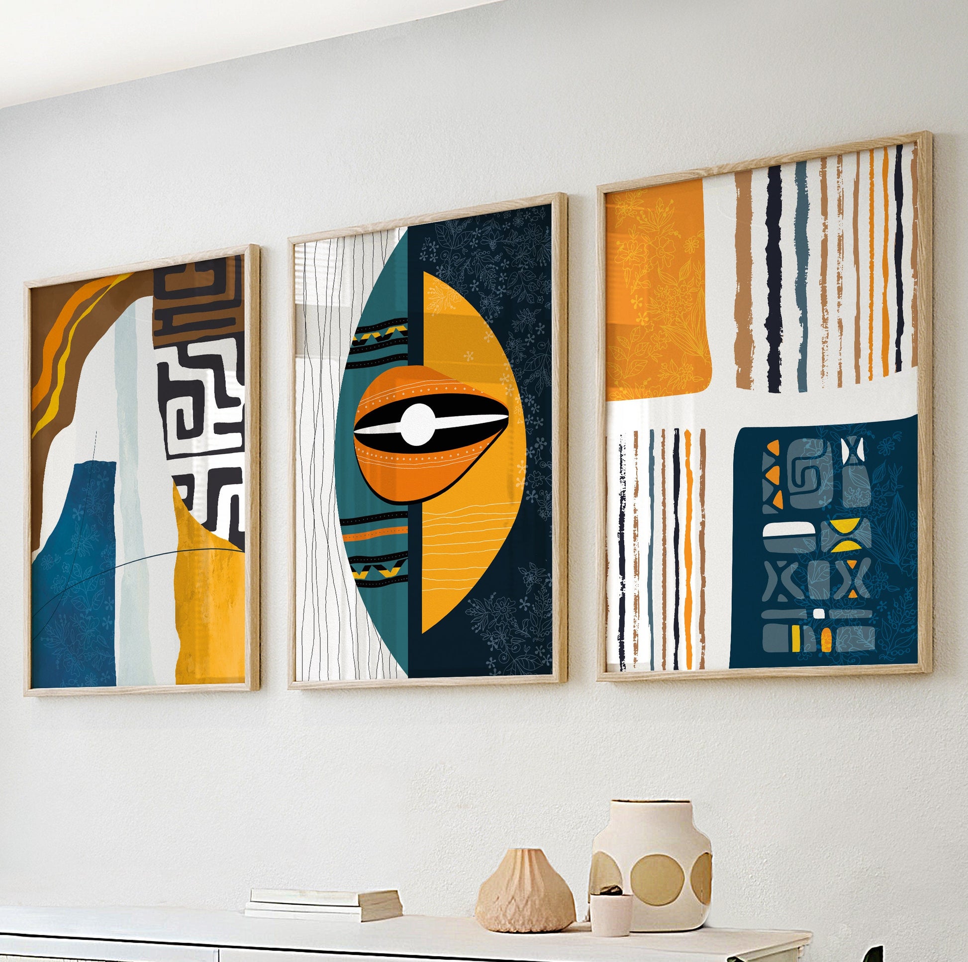 Modern african american art gallery wall set of 3 prints. Abstract colorful tribal ornament decor, minimalist bright triptych for home gift - African wall art - Digital Prints