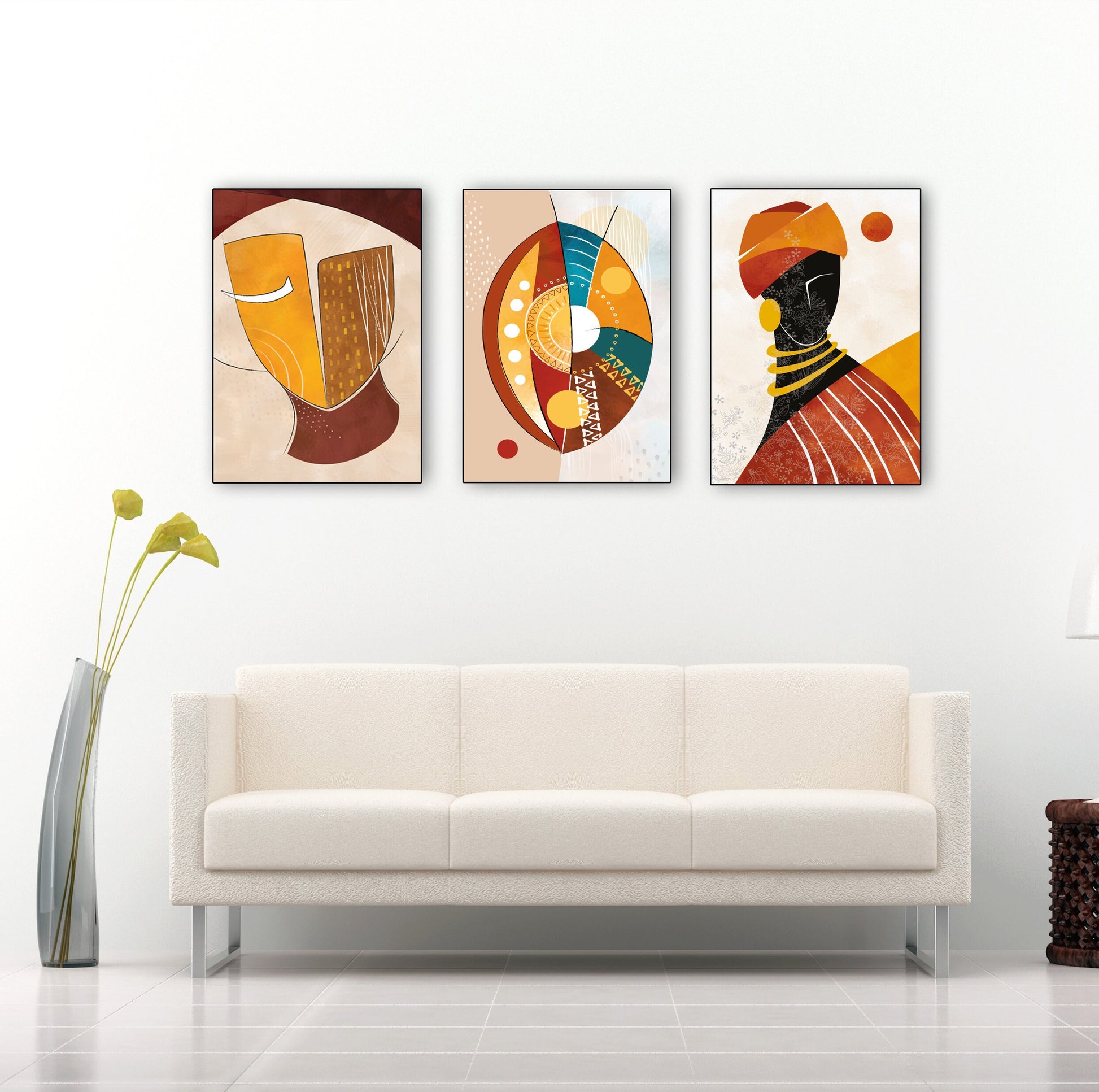 Colorful abstract ethnic africa wall art set of 3 prints, Black woman art large gallery wall set. Modern aestetic african wall decor - African wall art - Digital Prints