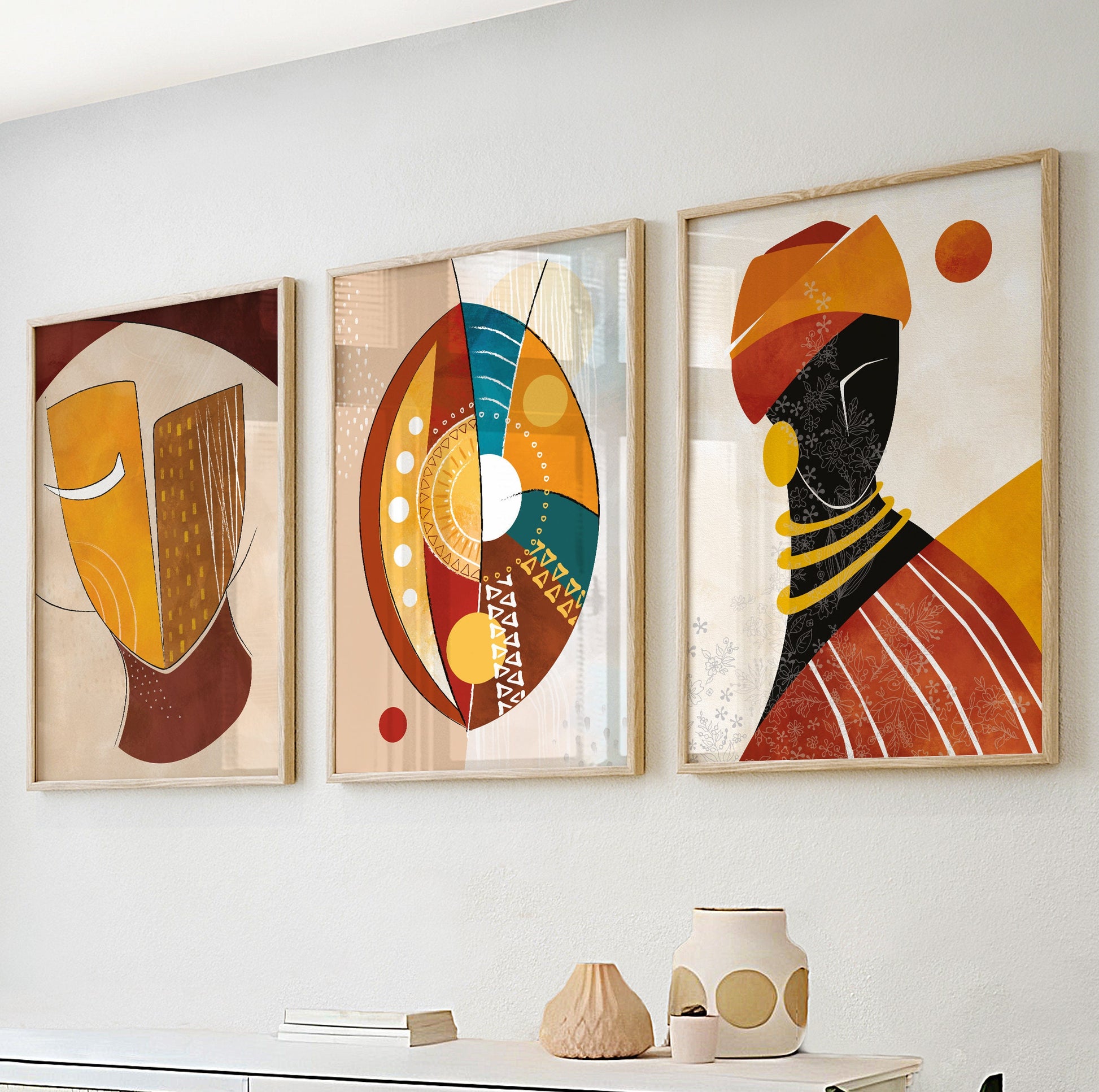 Colorful abstract ethnic africa wall art set of 3 prints, Black woman art large gallery wall set. Modern aestetic african wall decor - African wall art - Digital Prints