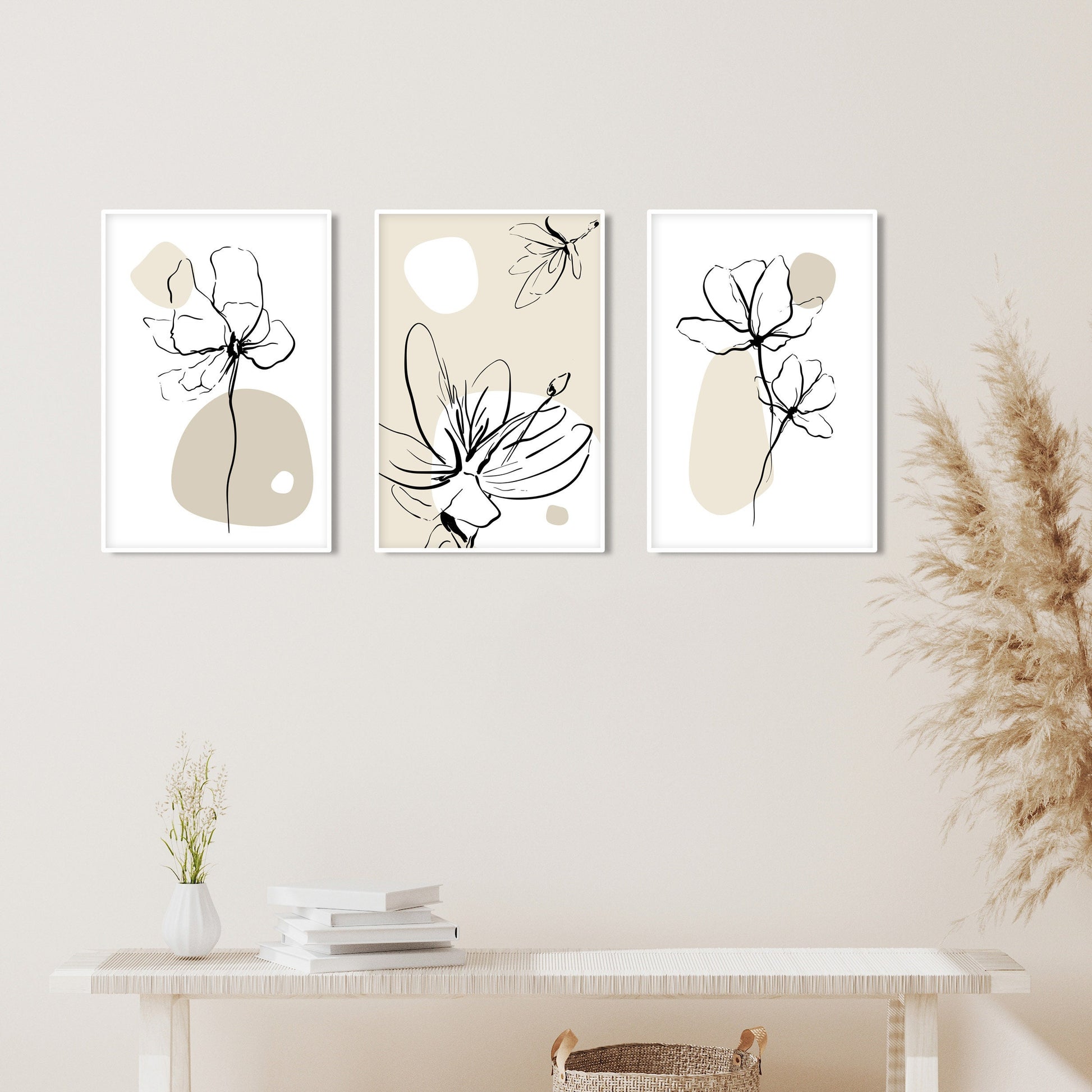 Neutral beige boho floral gallery wall set of 3 prints. Mid century modern botanical minimalist wall art. Bohemian large above bed decor - Mid century modern art - Digital Prints