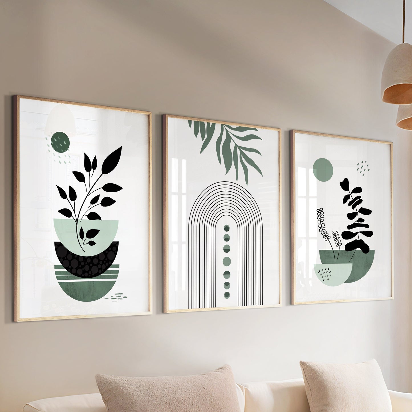 Sage green modern boho print set of 3. Mid century minimal wall art. Bohemian above bed gallery wall set, Bedroom Nature Wall Decor - Mid century modern art - Digital Prints