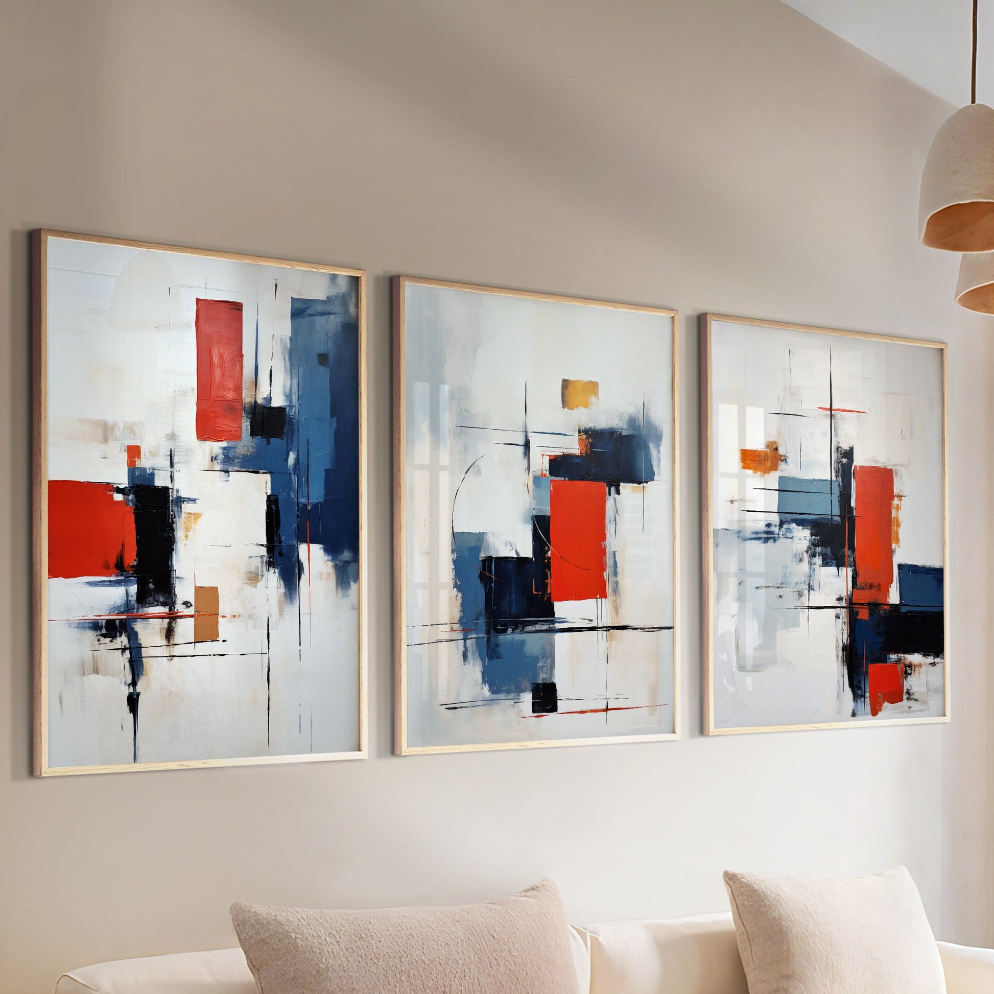 Minimalist red blue abstract art gallery wall set of 3 prints. Modern above bed decor, room decor aesthetic colorful livingroom posters - Abstract wall art - Digital Prints