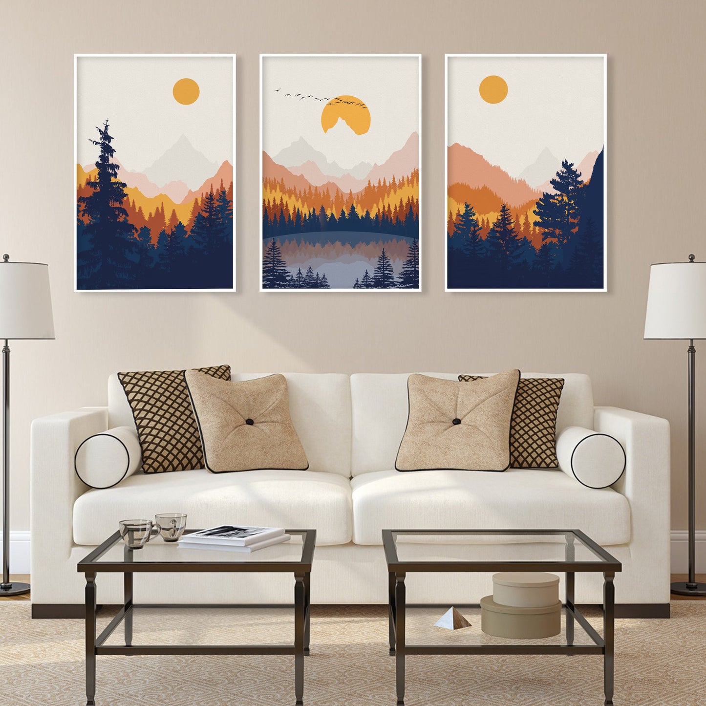 Colorful mountains wall art set of 3 prints, Mid century modern nordic poster, gallery wall set, apertment decor, home large wall art prints - Mountain wall art - Digital Prints