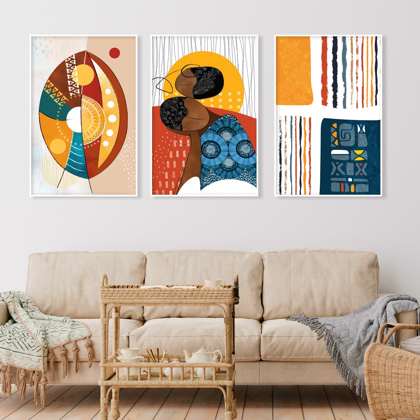 Set of 3 modern African American prints, abstract black woman art for above bed gallery wall