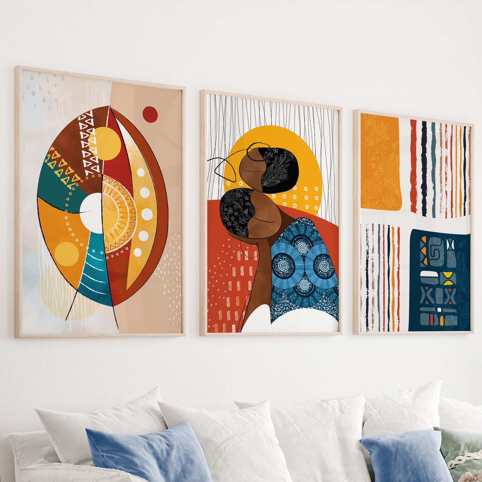 Abstract African American art set of 3 prints, black woman portrait, modern ethnic wall decor for bedroom