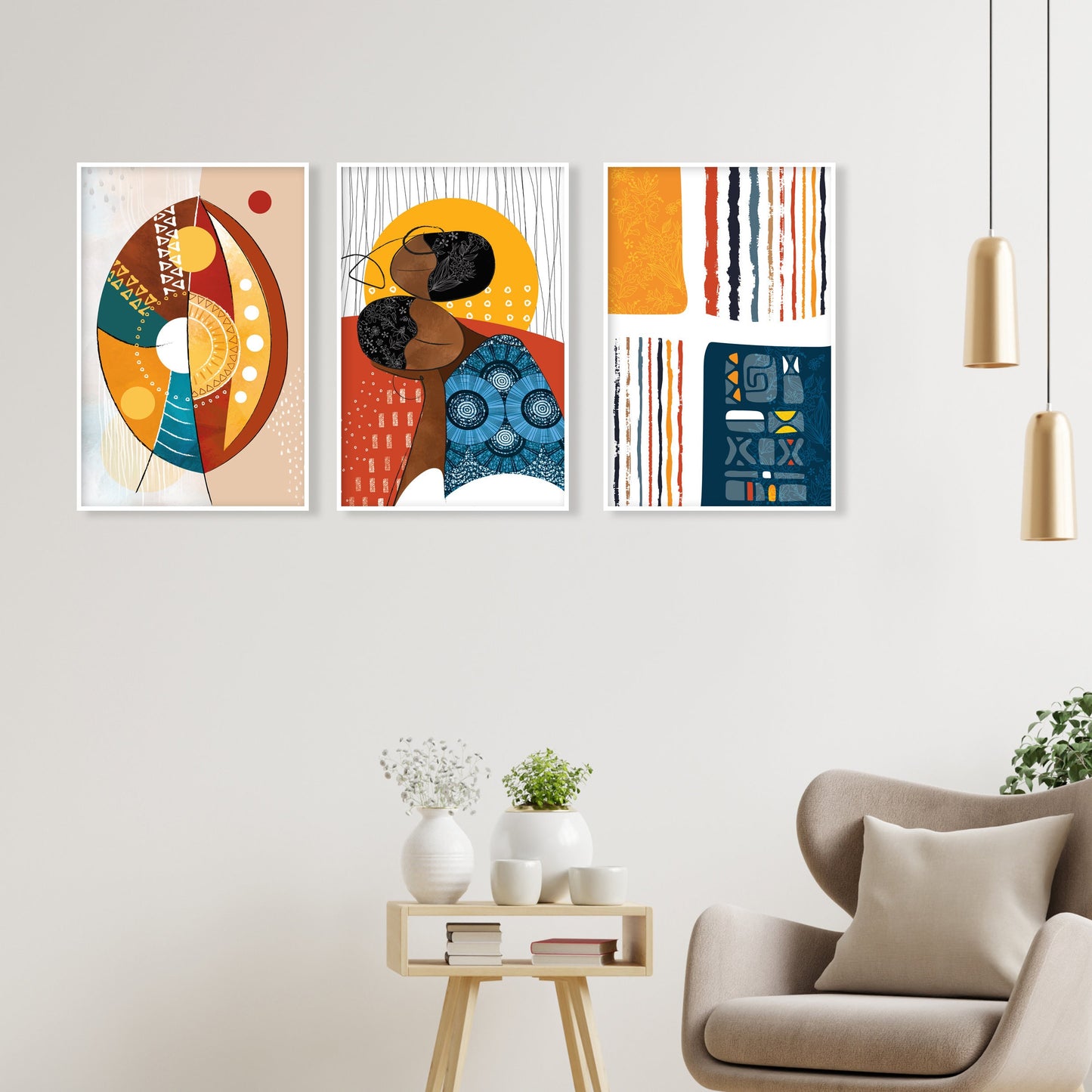 Modern African American gallery wall set of 3, abstract ethnic prints for stylish bedroom design