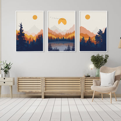 Colorful mountains wall art set of 3 prints, Mid century modern nordic poster, gallery wall set, apertment decor, home large wall art prints - Mountain wall art - Digital Prints