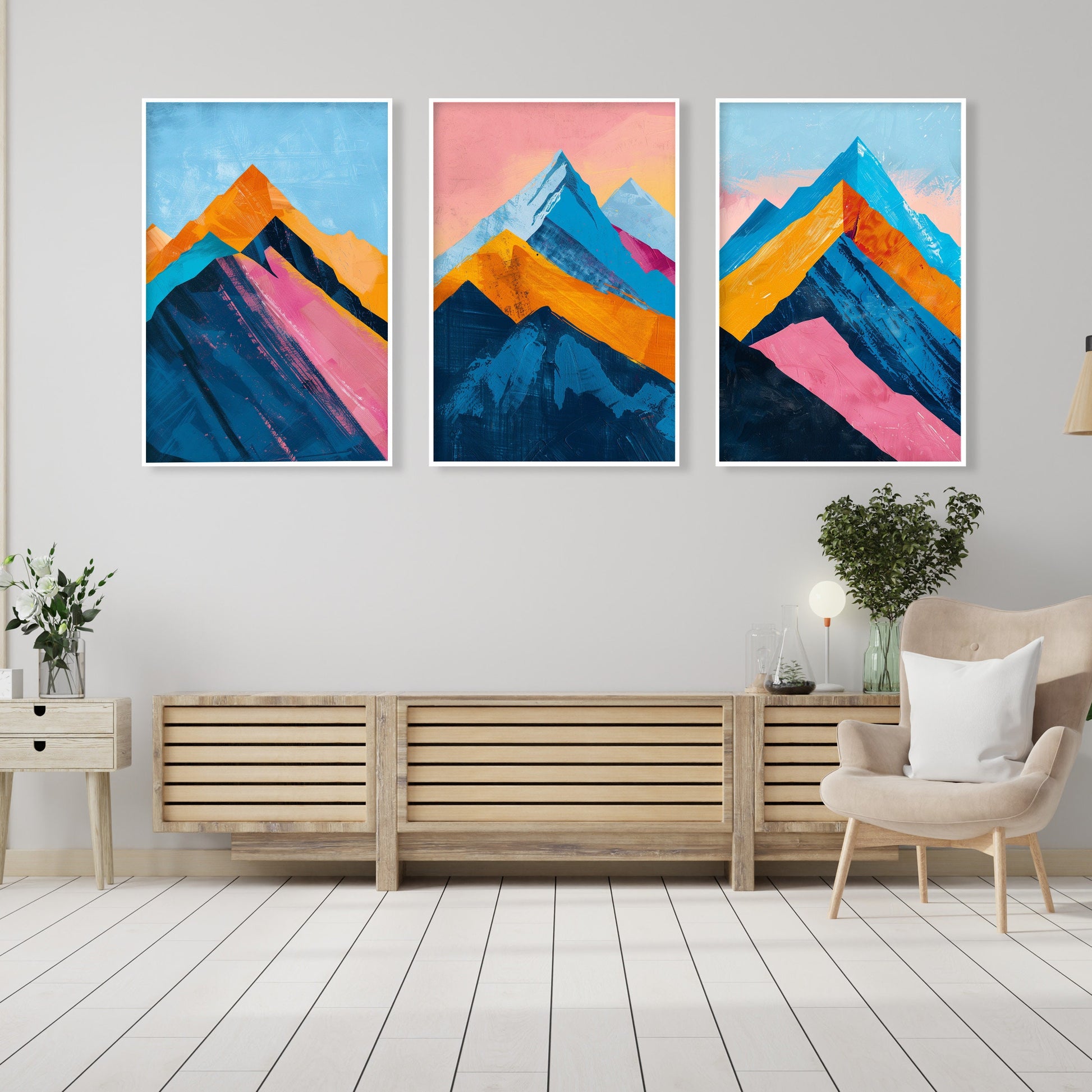 Abstract mountain gallery wall set of 3 prints. Minimalist landscape posters. Vibrant nature apartment wall decor, modern home gift idea - Mountain wall art - Digital Prints