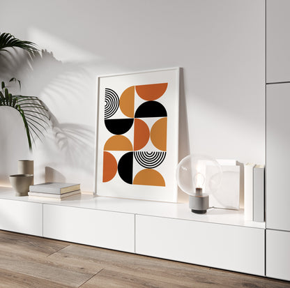 Modern minimalist boho print, large Bauhause style trendy abstract drawing, orange black mid century bedroom, living room art - - Digital Prints