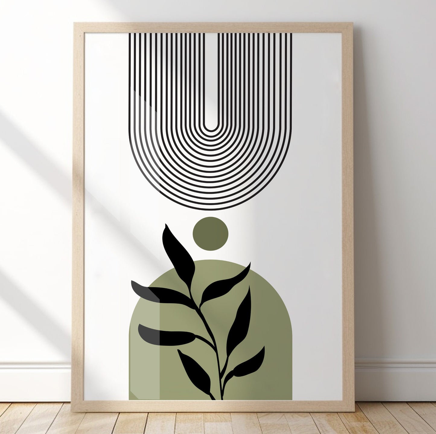 Modern minimalist olive green boho print, large trendy botanical abstract drawing, mid century bedroom, living room art - - Digital Prints