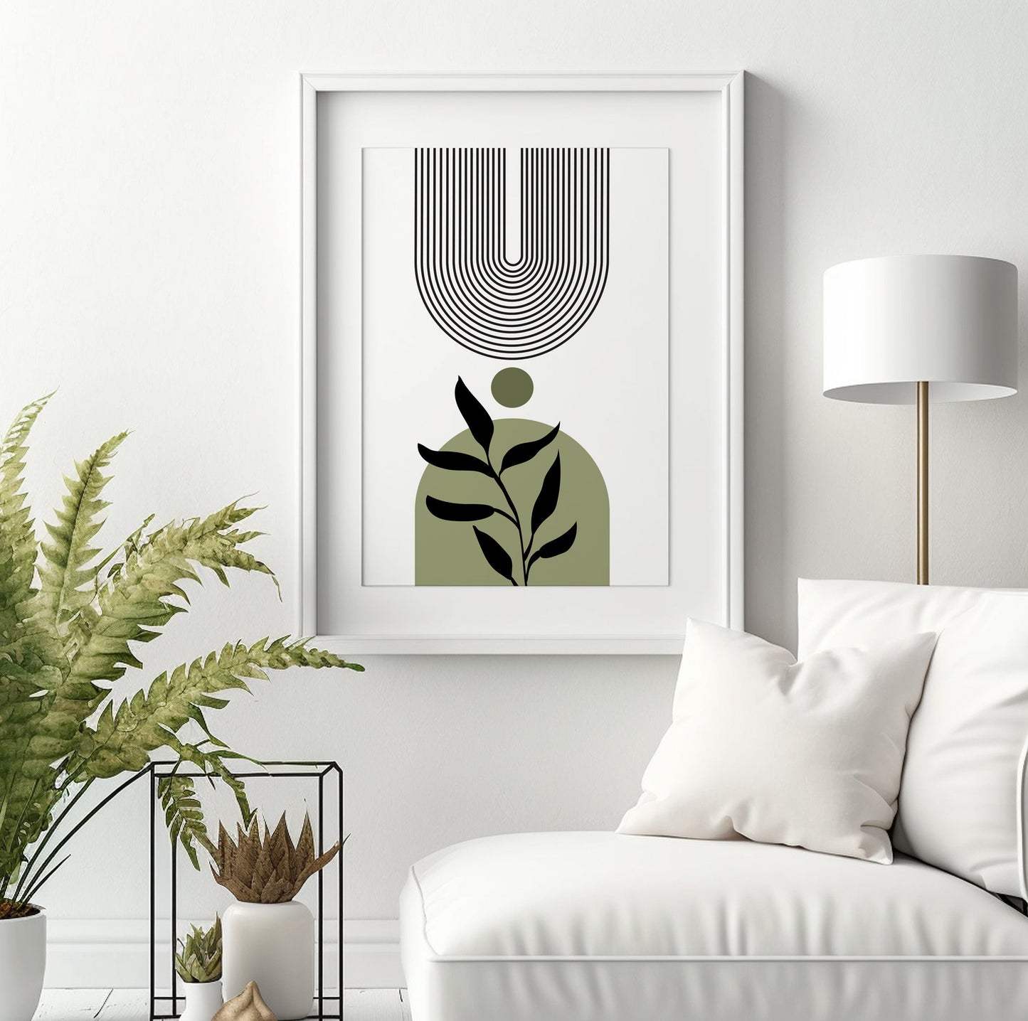 Modern minimalist olive green boho print, large trendy botanical abstract drawing, mid century bedroom, living room art - - Digital Prints