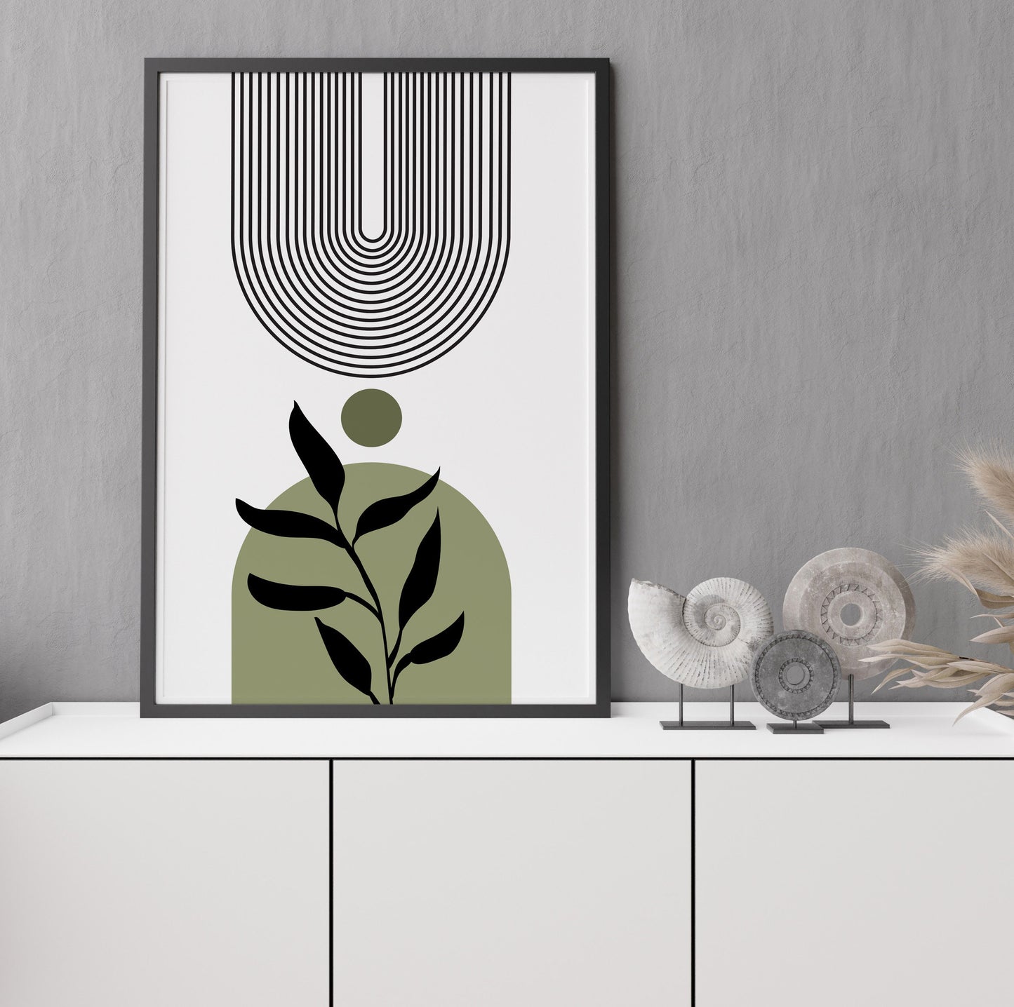 Modern minimalist olive green boho print, large trendy botanical abstract drawing, mid century bedroom, living room art - - Digital Prints