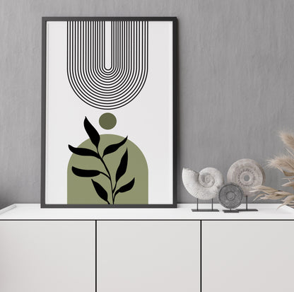 Modern minimalist olive green boho print, large trendy botanical abstract drawing, mid century bedroom, living room art - - Digital Prints