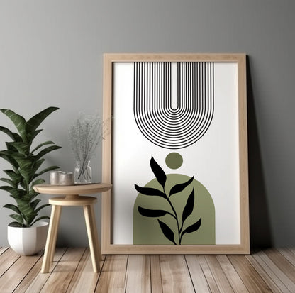 Modern minimalist olive green boho print, large trendy botanical abstract drawing, mid century bedroom, living room art - - Digital Prints