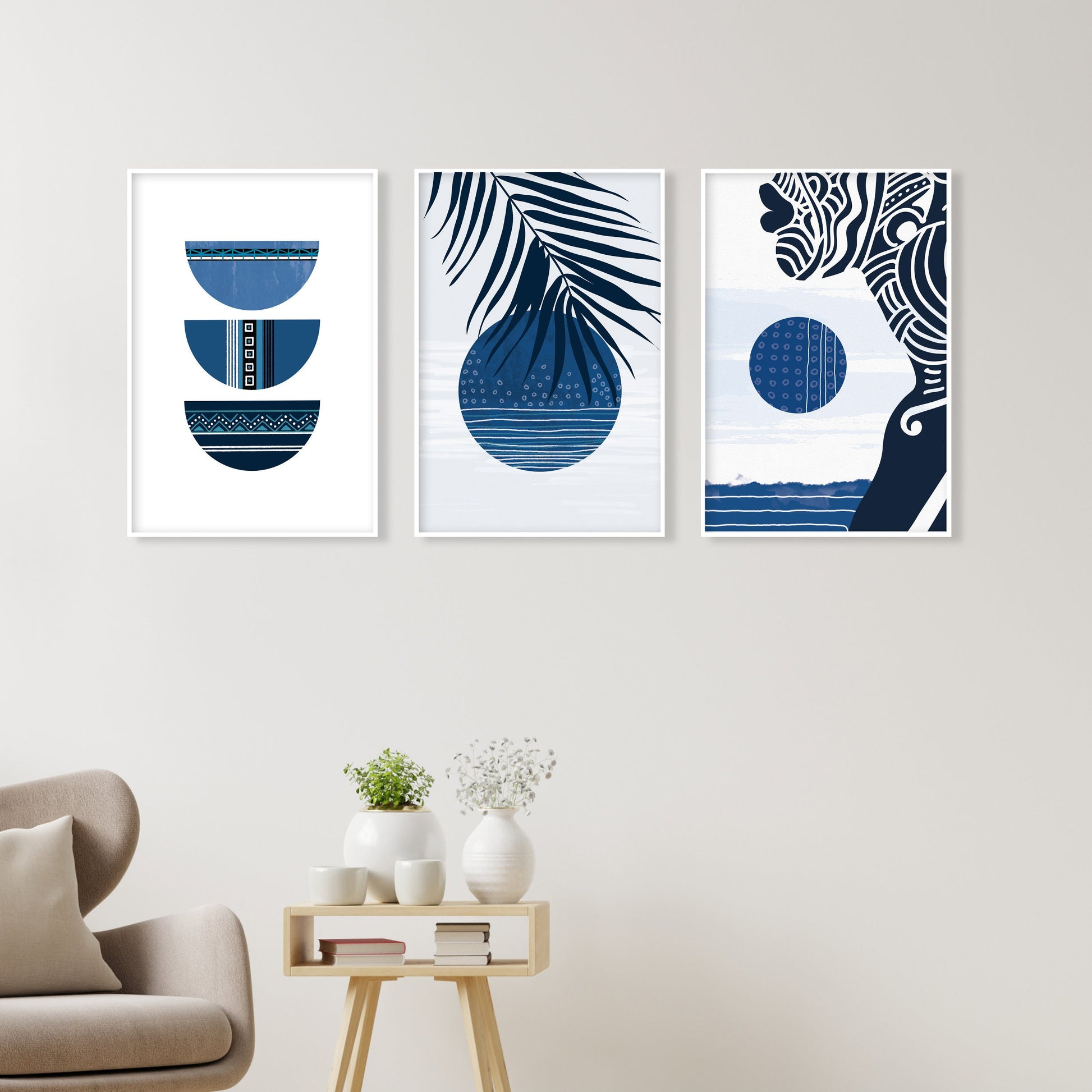 Navy blue abstract african set of 3 print. Black woman boho wall art, ethnic gallery wall set. Modern minimalist above bed african wall art - African wall art  