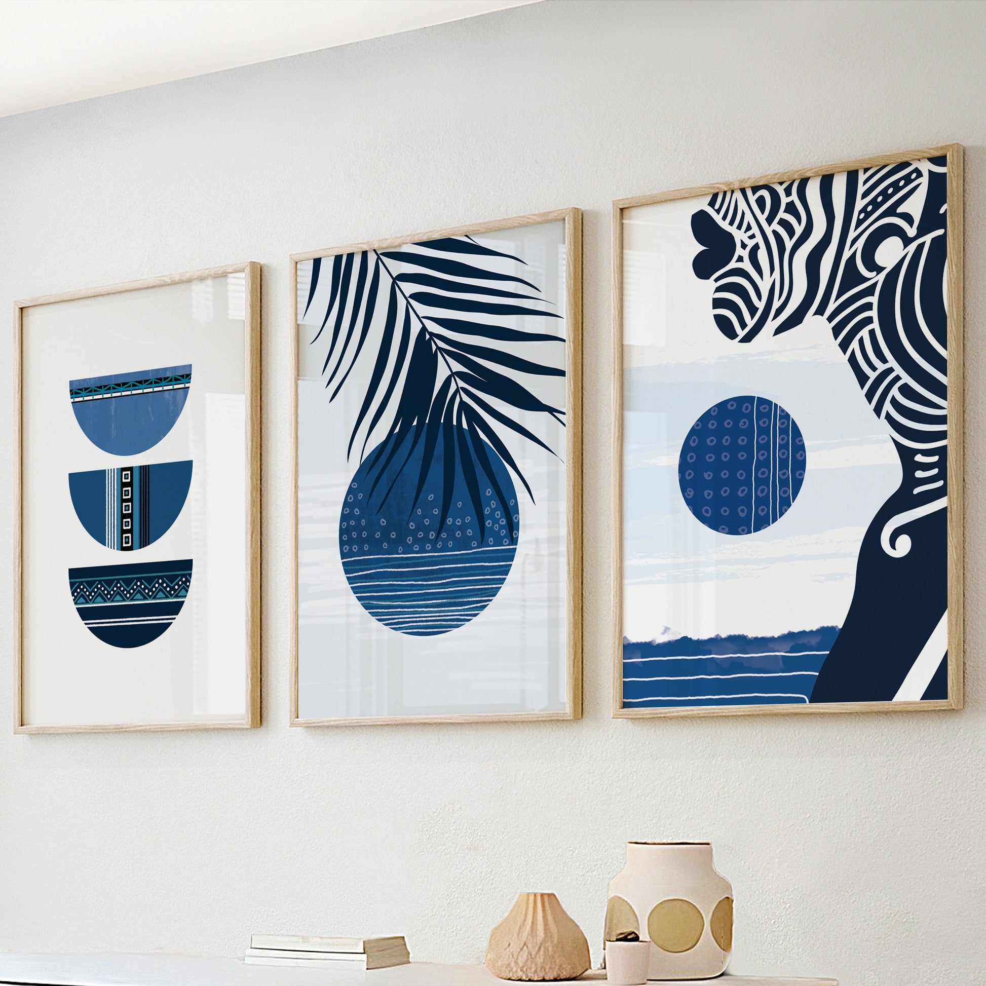 Navy blue abstract african set of 3 print. Black woman boho wall art, ethnic gallery wall set. Modern minimalist above bed african wall art - African wall art  