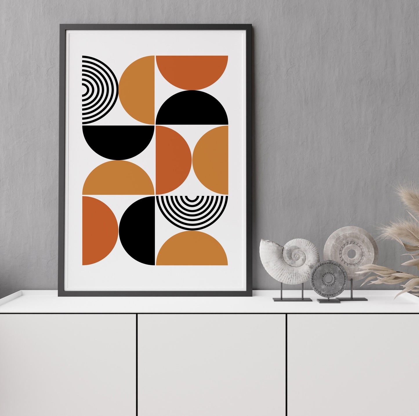 Modern minimalist boho print, large Bauhause style trendy abstract drawing, orange black mid century bedroom, living room art - - Digital Prints