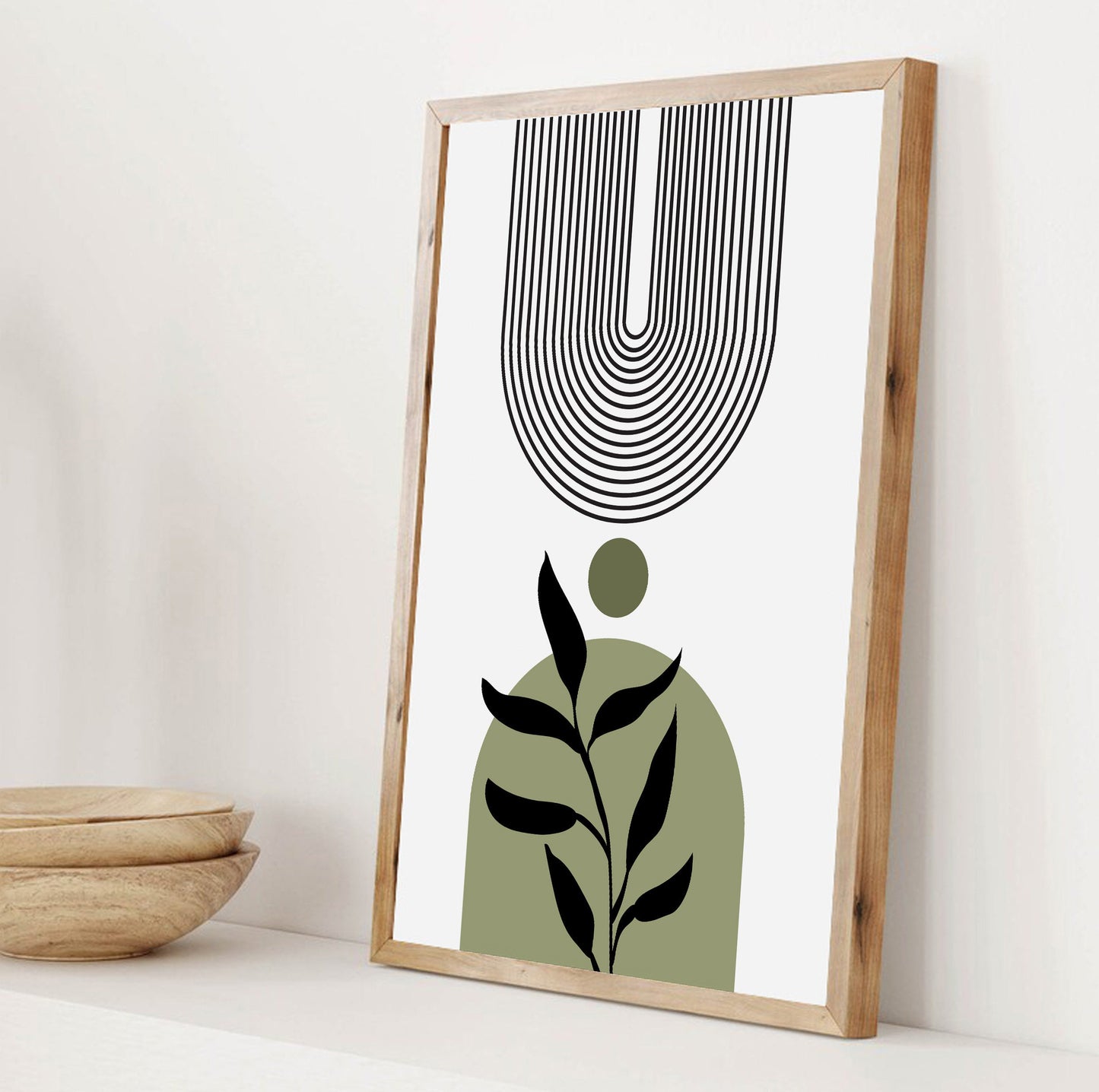 Modern minimalist olive green boho print, large trendy botanical abstract drawing, mid century bedroom, living room art - - Digital Prints