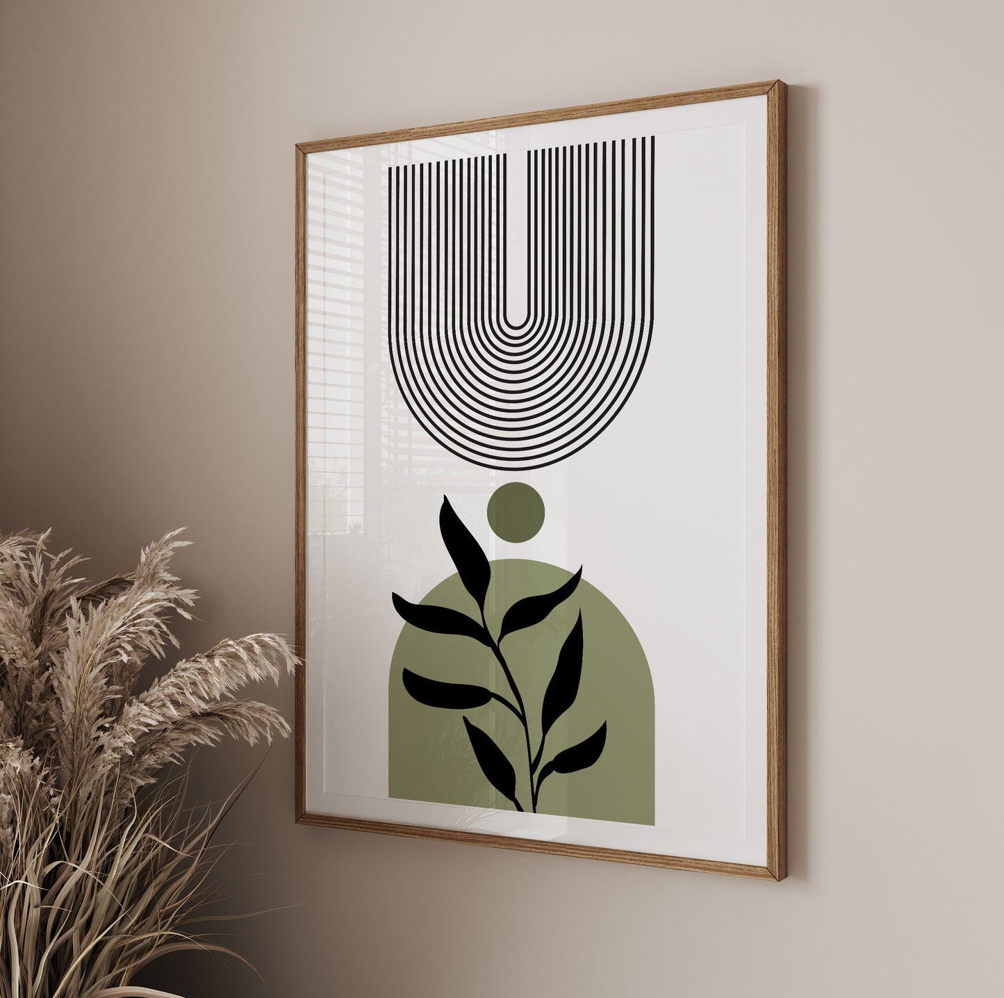 Modern minimalist olive green boho print, large trendy botanical abstract drawing, mid century bedroom, living room art - - Digital Prints