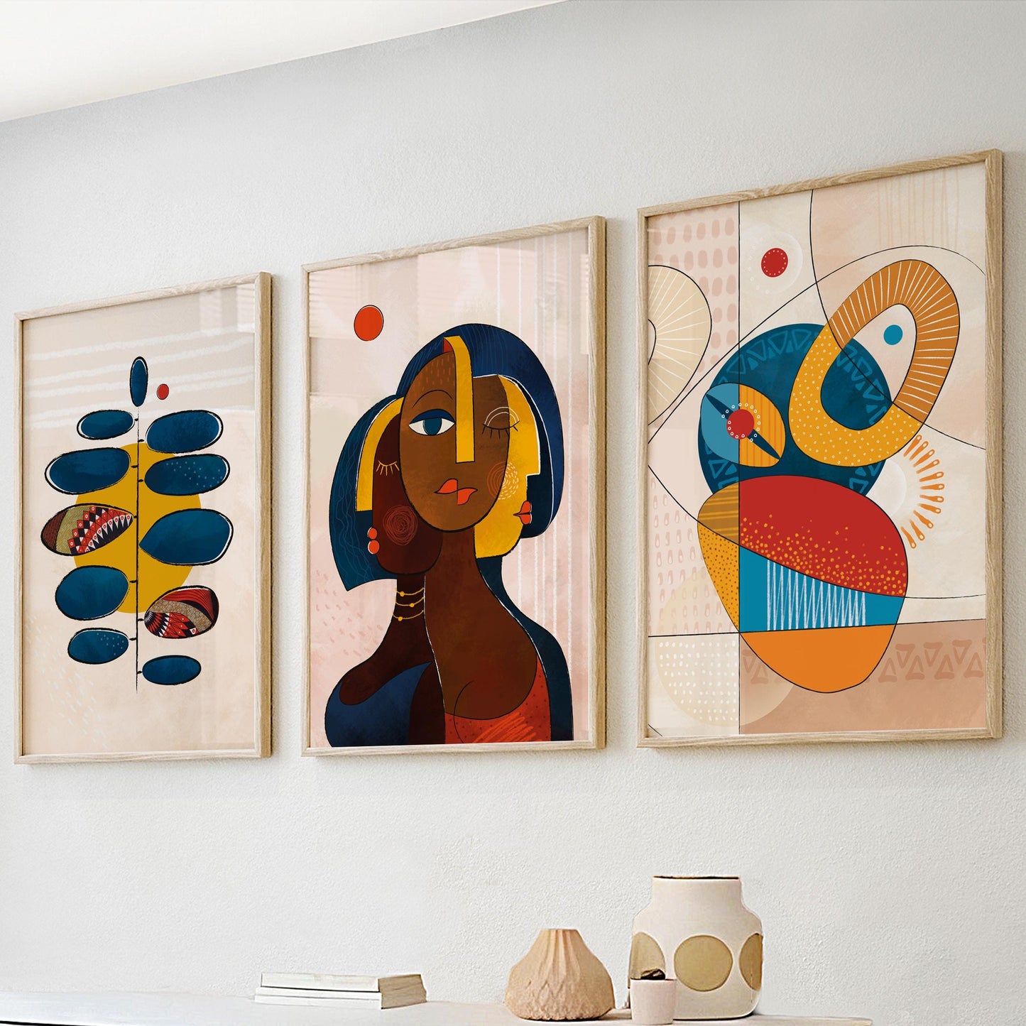 Modern abstract african art set of 3 print. Black women art, ethnic gallery wall set, colorful african posters, vibrant living room art - African wall art - Digital Prints