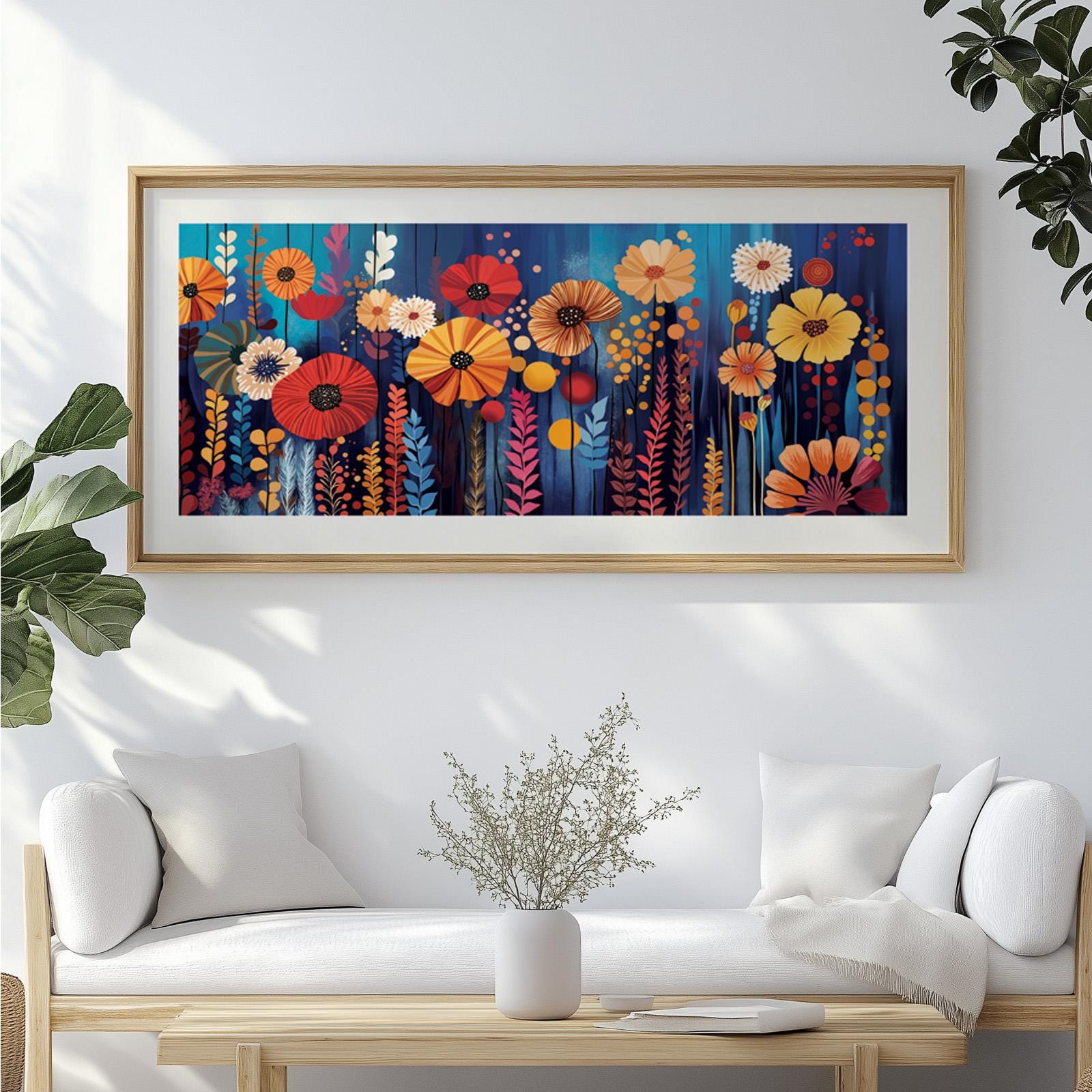 Abstract Colorful Flowers Panoramic Wall Art Print, Mid Century Modern Wall Art, Oversized Art Decor, Boho Art, Abstract Wide Wall Art Print - Mid century modern art - Digital Prints