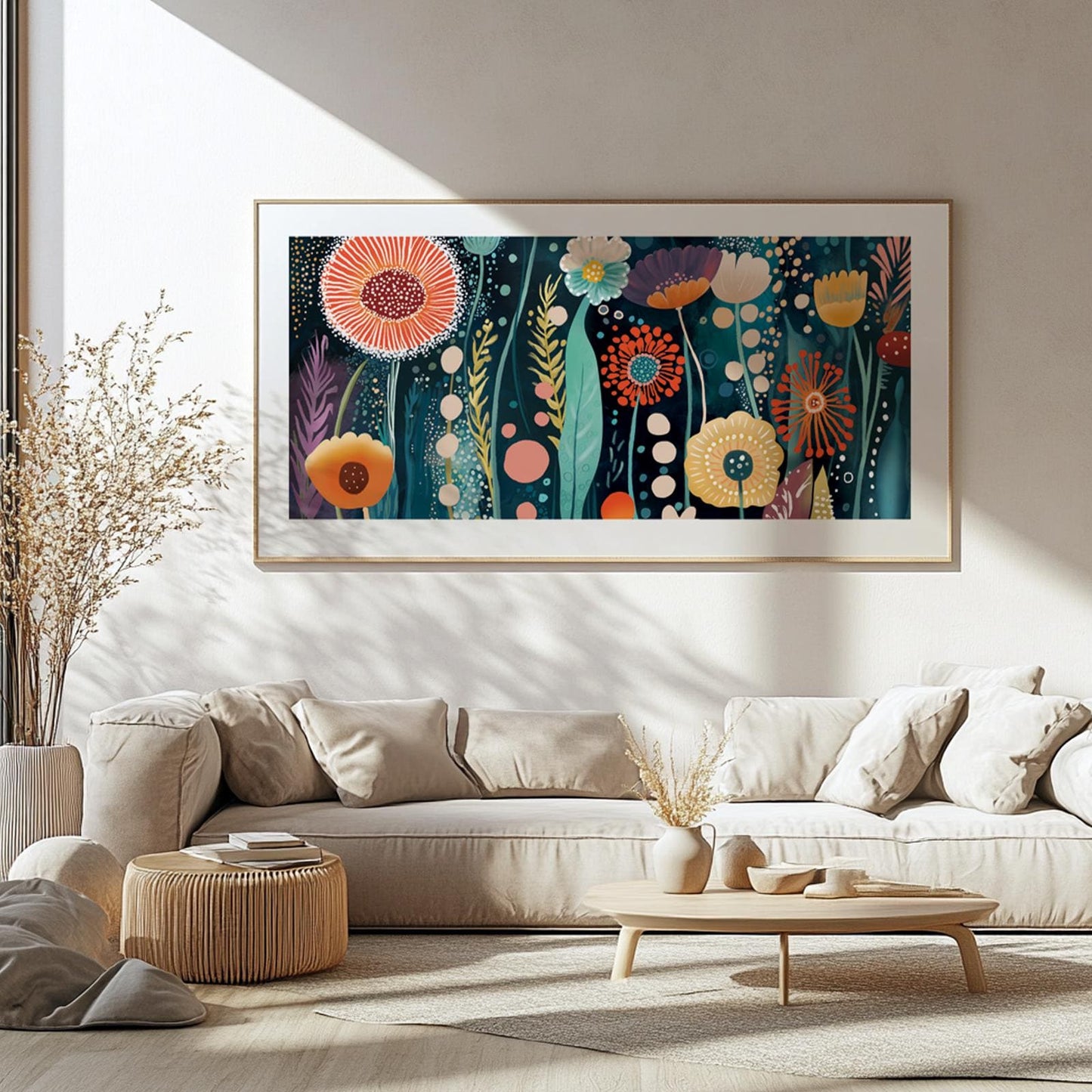 Panoramic Colorful Flowers Wall Art Abstract Print, Japandi Wall Art, Inspired by Yayoi Kusama, Large Abstract Mid Century Print - Mid century modern art - Digital Prints