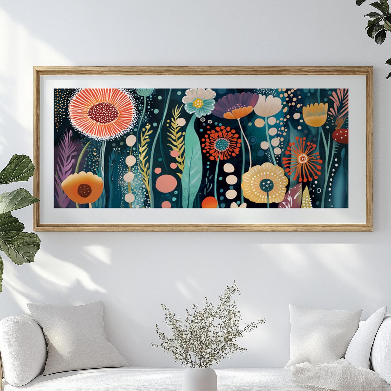 Panoramic Colorful Flowers Wall Art Abstract Print, Japandi Wall Art, Inspired by Yayoi Kusama, Large Abstract Mid Century Print - Mid century modern art - Digital Prints