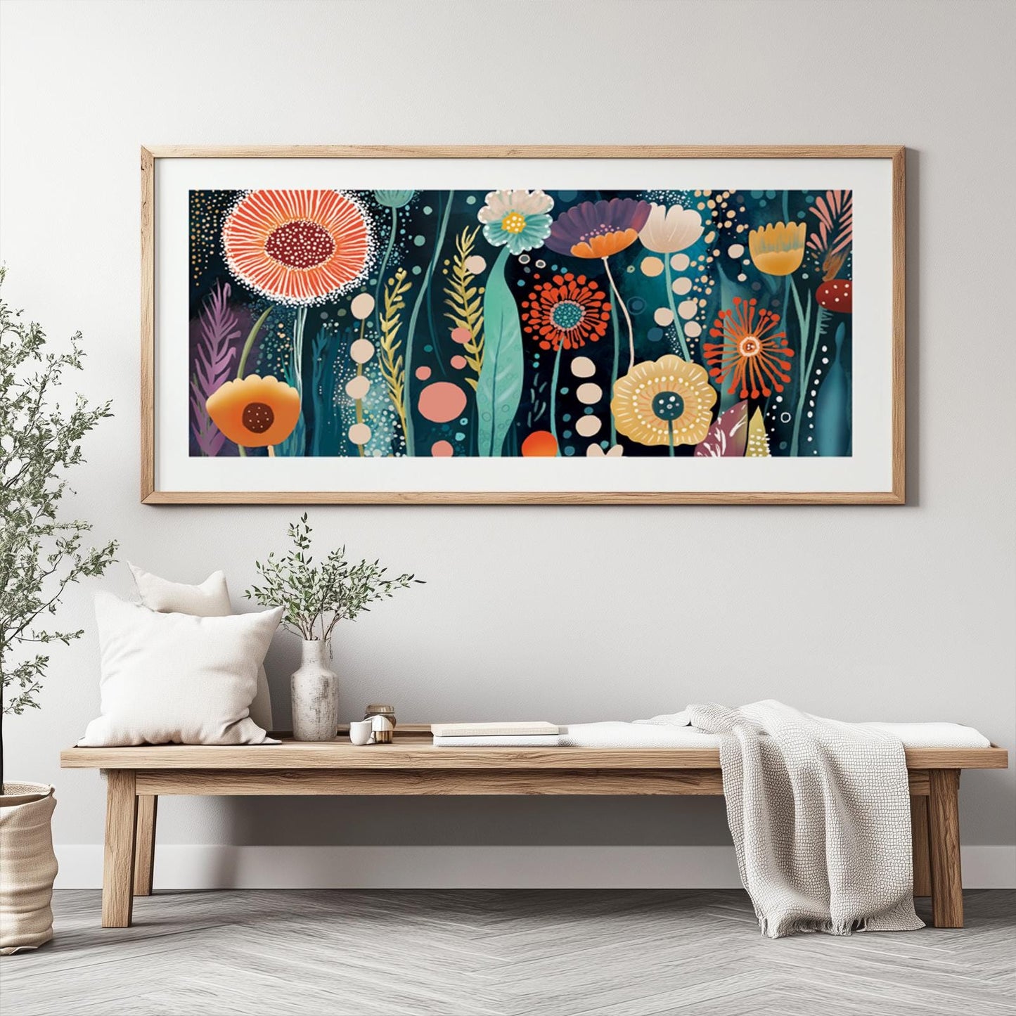 Panoramic Colorful Flowers Wall Art Abstract Print, Japandi Wall Art, Inspired by Yayoi Kusama, Large Abstract Mid Century Print - Mid century modern art - Digital Prints