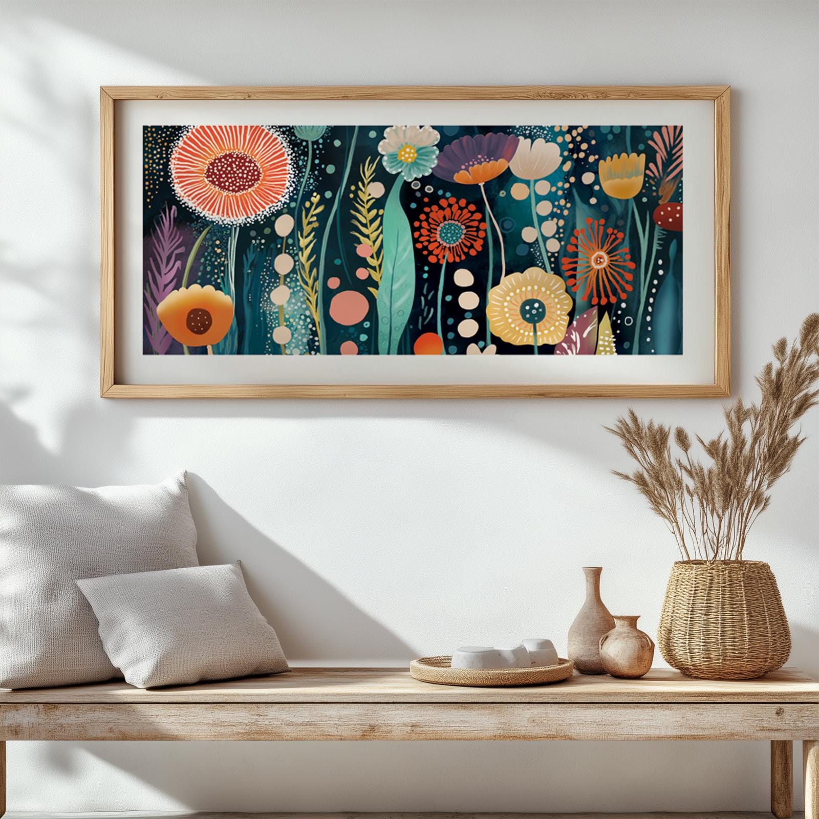 Panoramic Colorful Flowers Wall Art Abstract Print, Japandi Wall Art, Inspired by Yayoi Kusama, Large Abstract Mid Century Print - Mid century modern art - Digital Prints