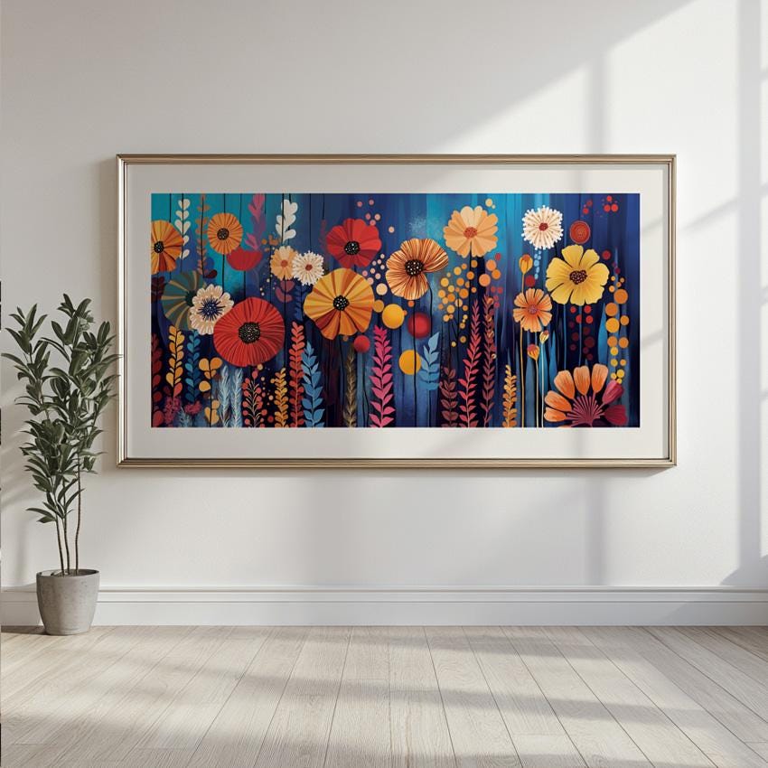 Abstract Colorful Flowers Panoramic Wall Art Print, Mid Century Modern Wall Art, Oversized Art Decor, Boho Art, Abstract Wide Wall Art Print - Mid century modern art - Digital Prints