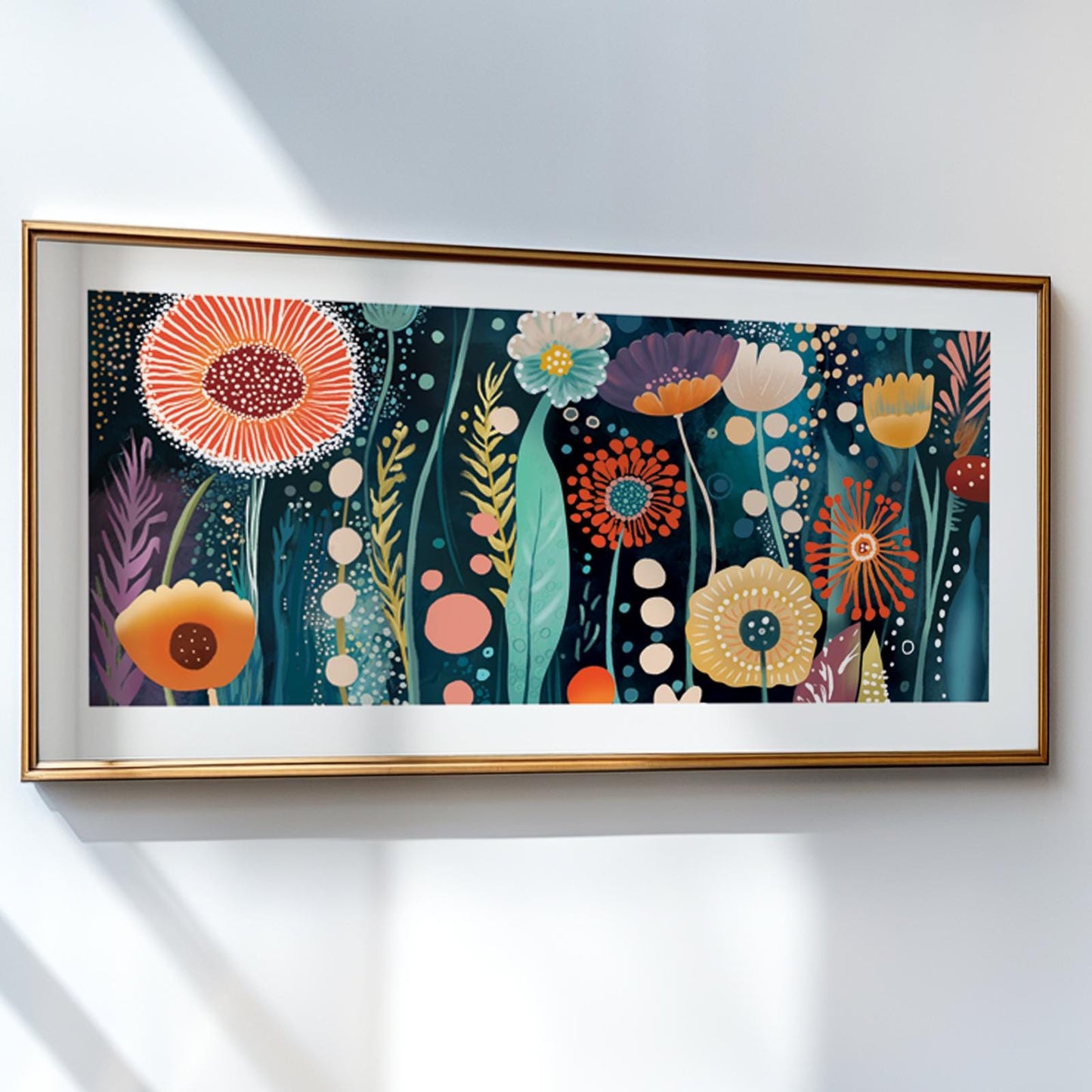 Panoramic Colorful Flowers Wall Art Abstract Print, Japandi Wall Art, Inspired by Yayoi Kusama, Large Abstract Mid Century Print - Mid century modern art - Digital Prints