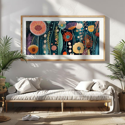 Panoramic Colorful Flowers Wall Art Abstract Print, Japandi Wall Art, Inspired by Yayoi Kusama, Large Abstract Mid Century Print - Mid century modern art - Digital Prints