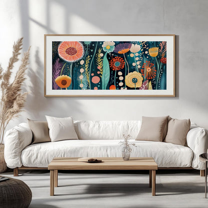 Panoramic Colorful Flowers Wall Art Abstract Print, Japandi Wall Art, Inspired by Yayoi Kusama, Large Abstract Mid Century Print - Mid century modern art - Digital Prints