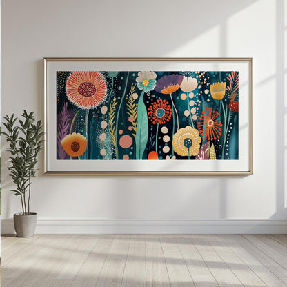 Panoramic Colorful Flowers Wall Art Abstract Print, Japandi Wall Art, Inspired by Yayoi Kusama, Large Abstract Mid Century Print - Mid century modern art - Digital Prints