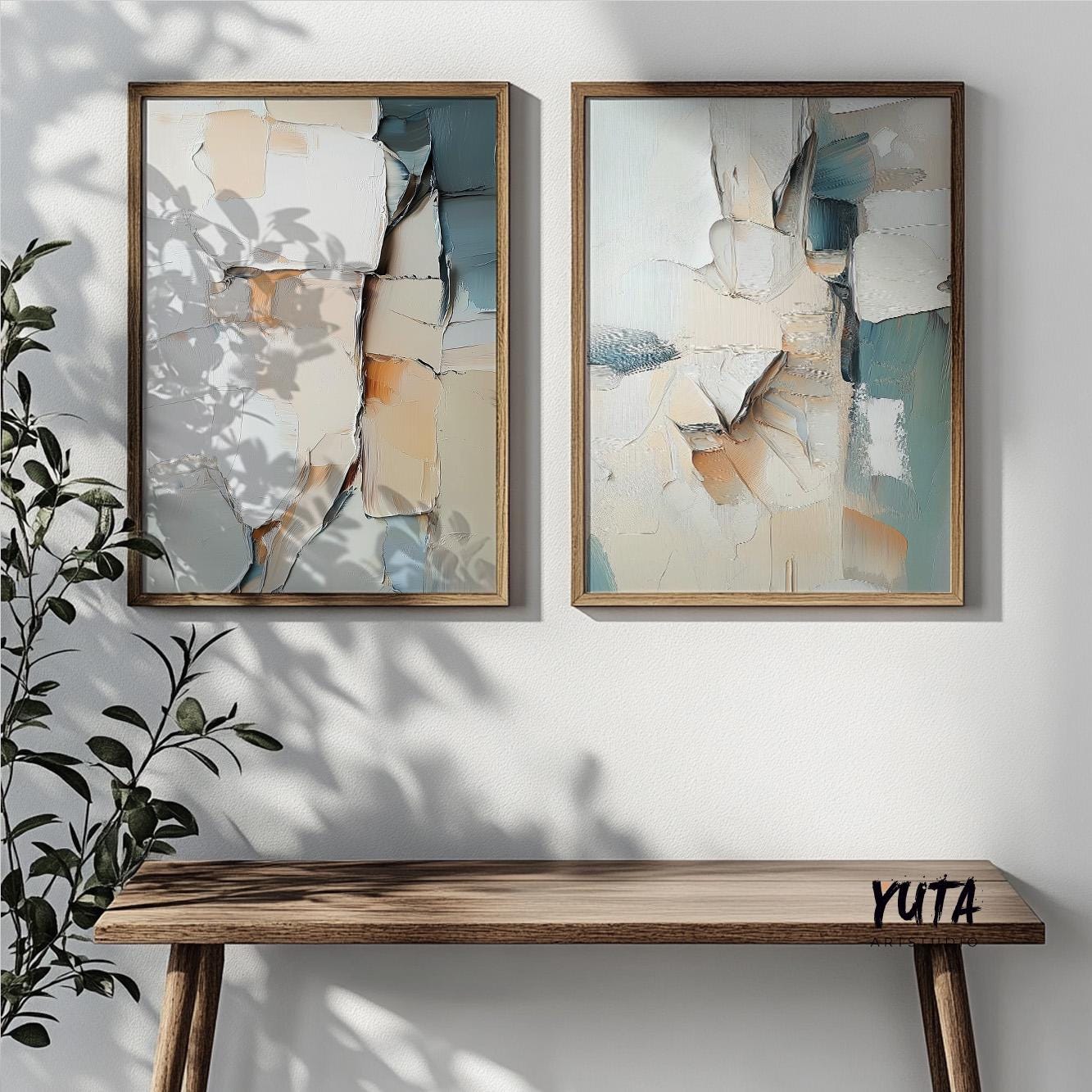 Neutral Abstract Wall Art Set of 2 Pieces, Modern Brush Stroke Shapes Wall Art, Beige Textured Abstract Poster, Pastel Nordic Prints - Abstract wall art - Digital Prints