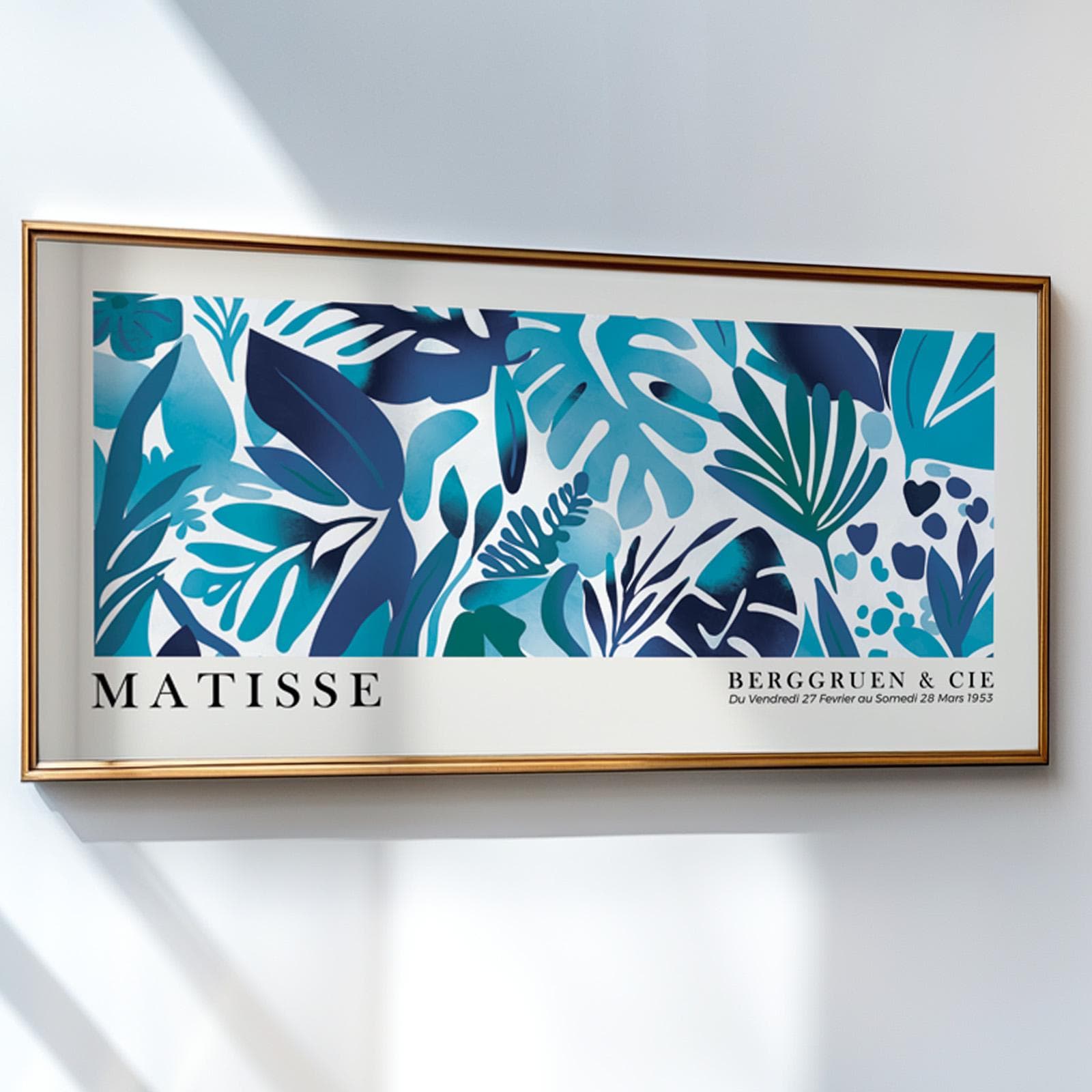 Panoramic tropical leaves wall decor, long narrow navy blue Matisse wall art poster, abstract botanical floral art, Henri Matisse print - Mid century modern art - Digital Prints