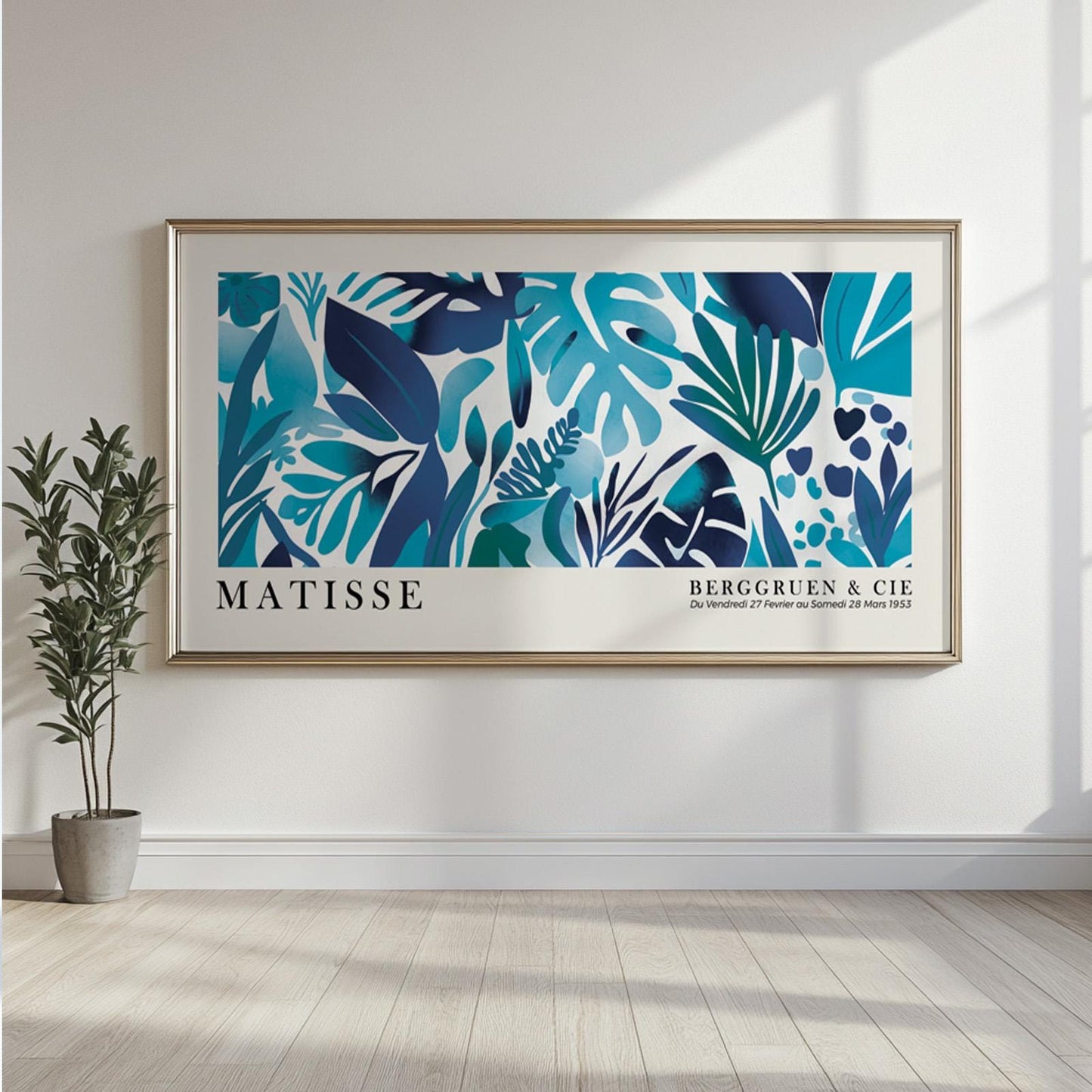 Panoramic tropical leaves wall decor, long narrow navy blue Matisse wall art poster, abstract botanical floral art, Henri Matisse print - Mid century modern art - Digital Prints