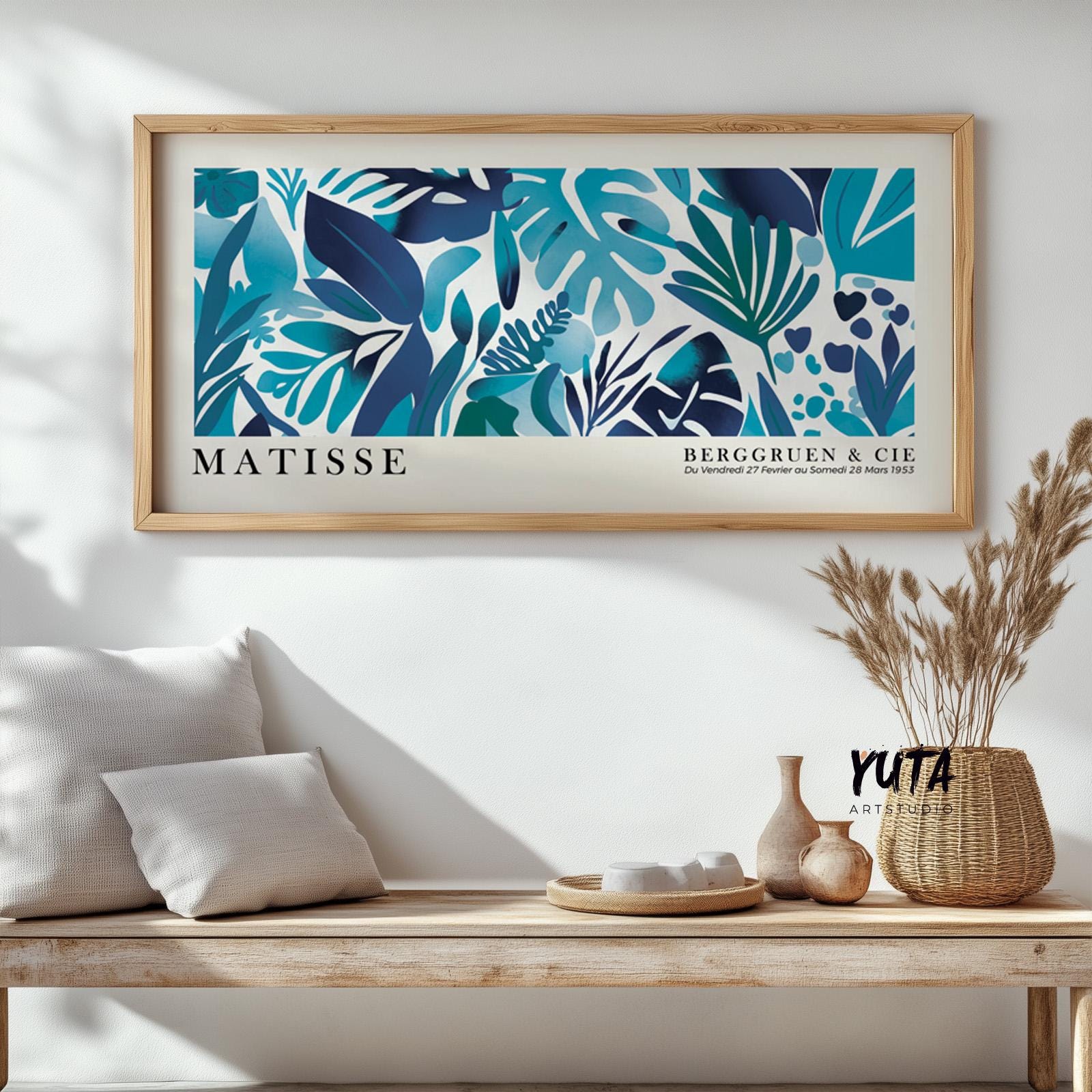 Panoramic tropical leaves wall decor, long narrow navy blue Matisse wall art poster, abstract botanical floral art, Henri Matisse print - Mid century modern art - Digital Prints