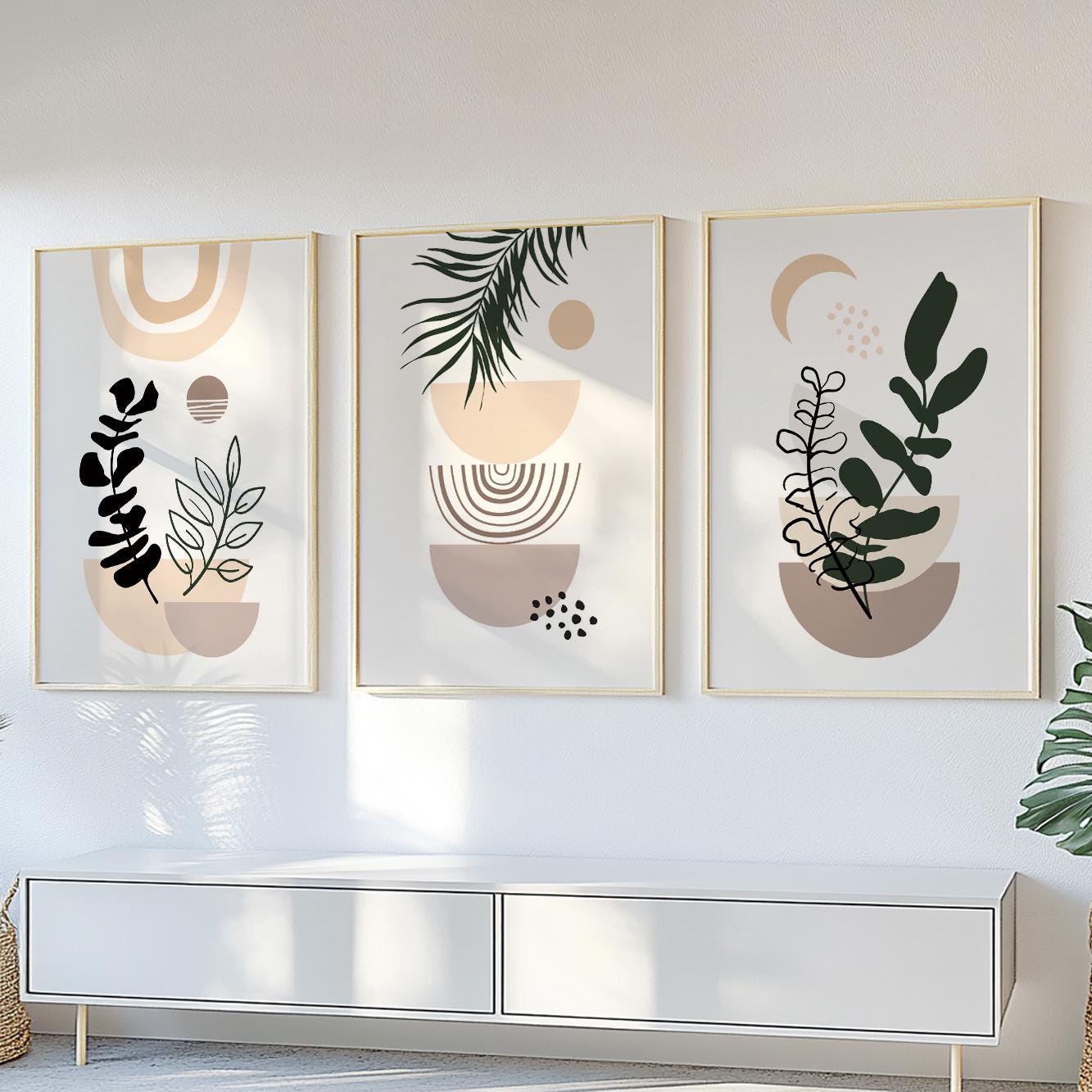 Pastel beige boho wall art set of 3 print. Boho wall decor, Black & beige prints. Neutral above bed art, large gallery wall set - Mid century modern art - Digital Prints