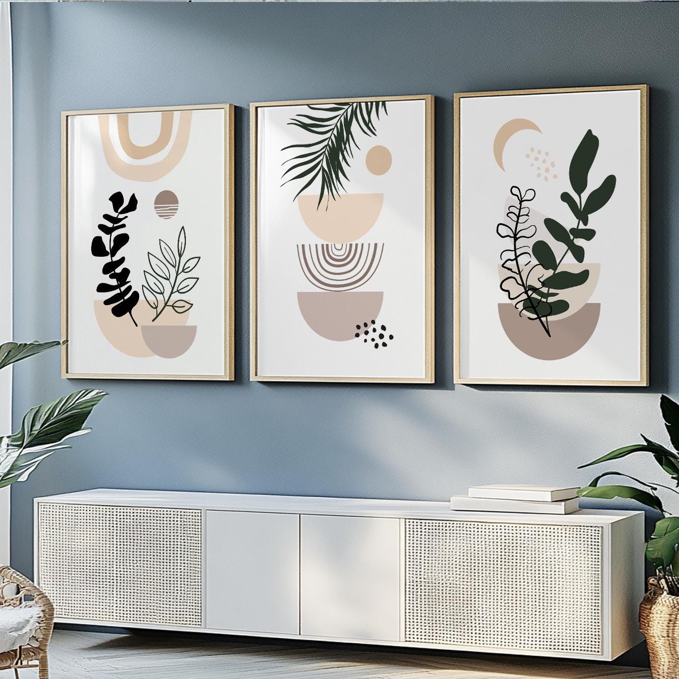 Pastel beige boho wall art set of 3 print. Boho wall decor, Black & beige prints. Neutral above bed art, large gallery wall set - Mid century modern art - Digital Prints