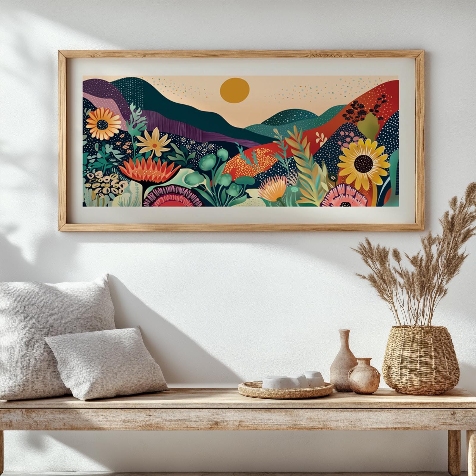 Yayoi Kusama inspired Abstract mountain art, long narrow colorful floral nature wall decor, japandi wall art vibrant panoramic print - Mountain wall art - Digital Prints