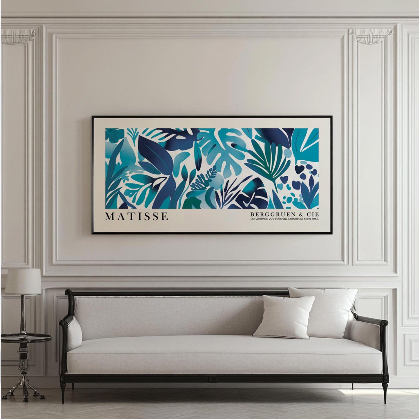 Panoramic tropical leaves wall decor, long narrow navy blue Matisse wall art poster, abstract botanical floral art, Henri Matisse print - Mid century modern art - Digital Prints