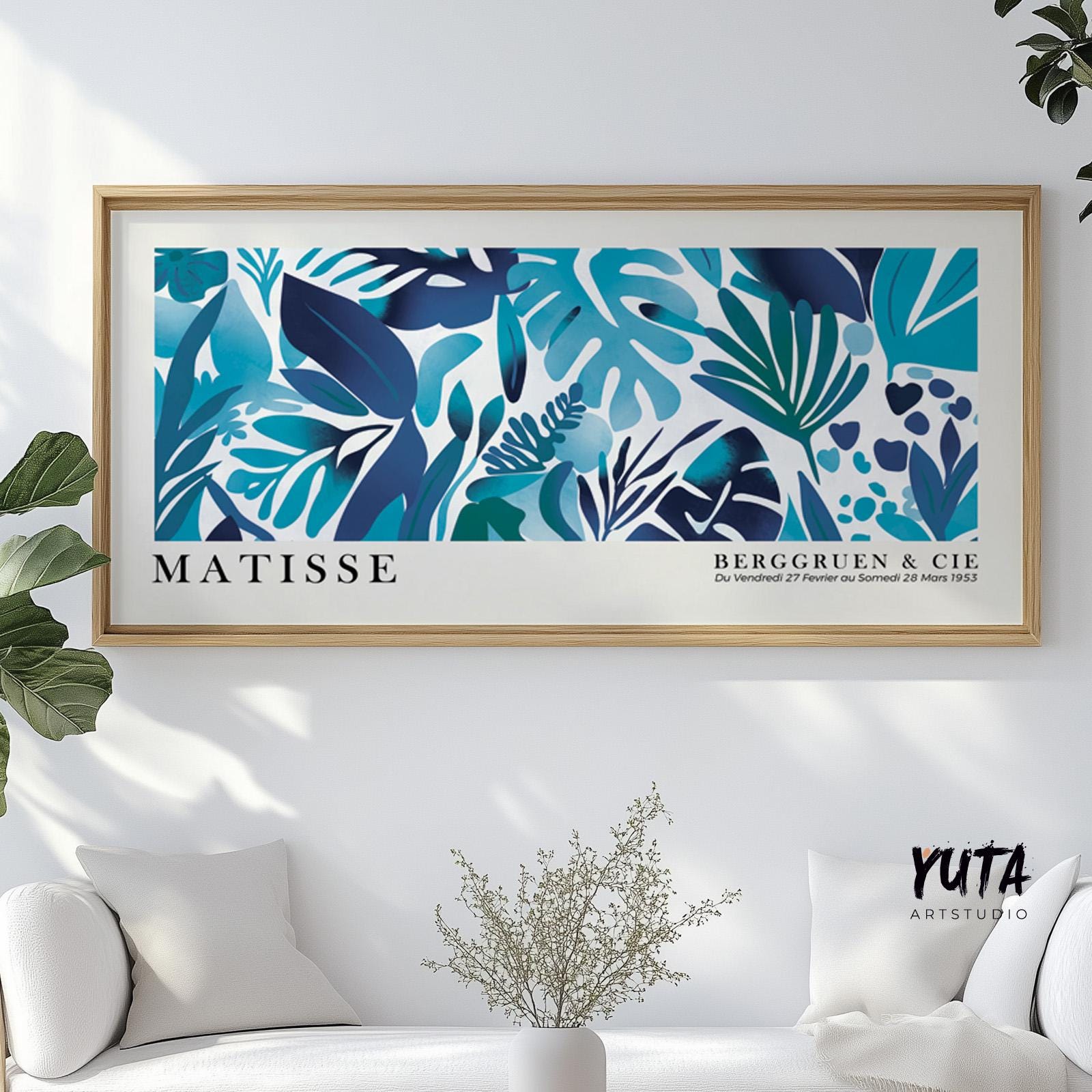 Panoramic tropical leaves wall decor, long narrow navy blue Matisse wall art poster, abstract botanical floral art, Henri Matisse print - Mid century modern art - Digital Prints