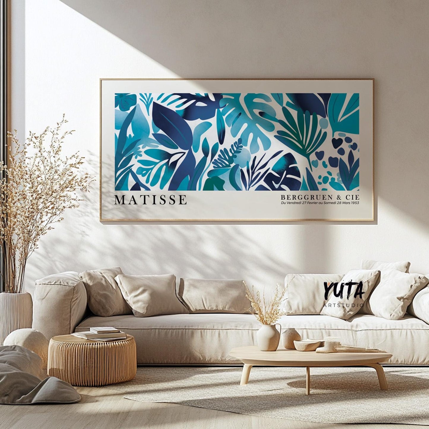 Panoramic tropical leaves wall decor, long narrow navy blue Matisse wall art poster, abstract botanical floral art, Henri Matisse print - Mid century modern art - Digital Prints