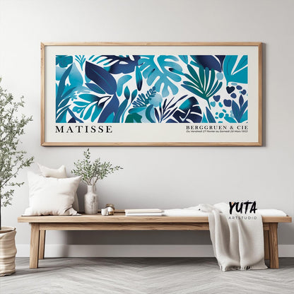 Panoramic tropical leaves wall decor, long narrow navy blue Matisse wall art poster, abstract botanical floral art, Henri Matisse print - Mid century modern art - Digital Prints