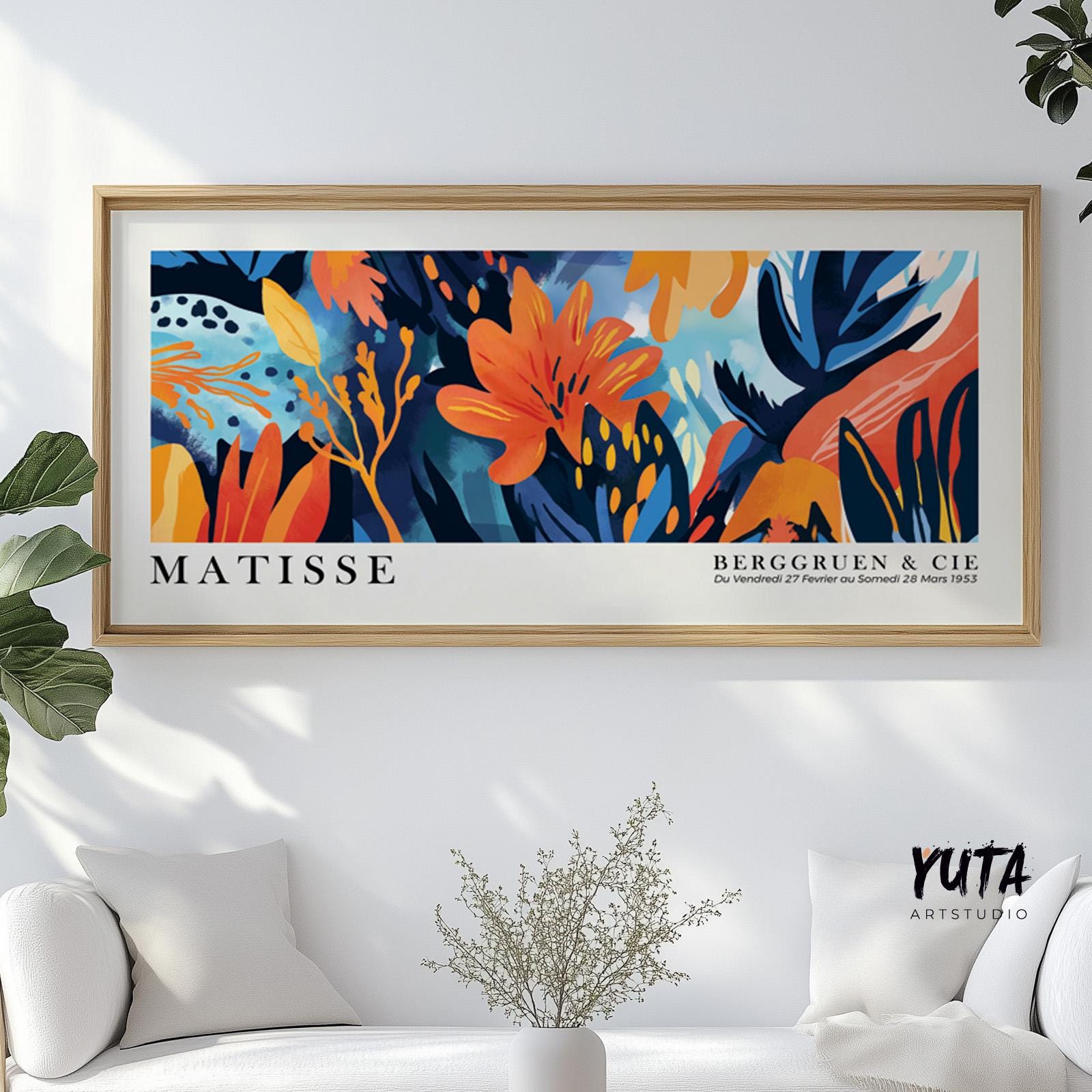 Colorful floral tropical wall art, vibrant Matisse wall art panoramic poster. Botanical Henri Matisse Print, horizontal above bed decor - Mid century modern art - Digital Prints