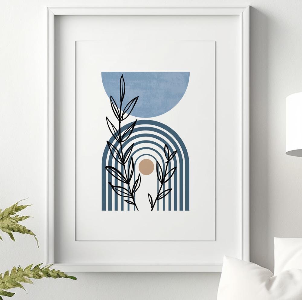 Blue Boho Print, Minimalist Mid Century Modern Room Decor, Pastel Botanical Trendy Poster, Bedroom, Living Room Art, Scandi Room Decor - Mid century modern art - Digital Prints