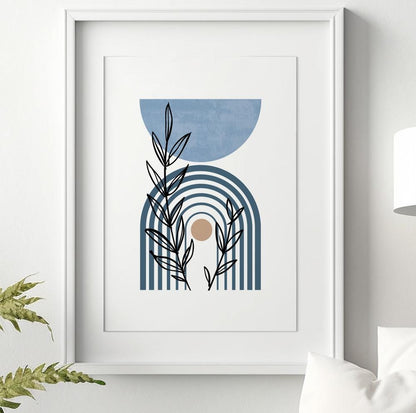 Blue Boho Print, Minimalist Mid Century Modern Room Decor, Pastel Botanical Trendy Poster, Bedroom, Living Room Art, Scandi Room Decor - Mid century modern art - Digital Prints