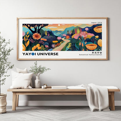 Colorful abstract mountain poster – Yayoi Kusama style wall art with floral and sunset details.
